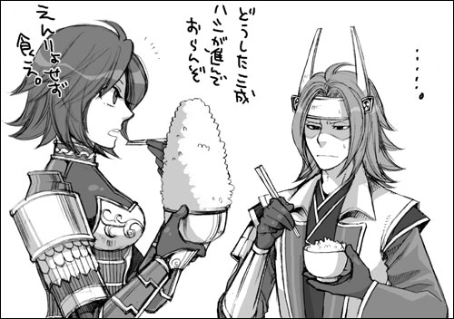 ishida mitsunari, ishida mitsunari (sengoku musou), tachibana ginchiyo, sengoku musou, sengoku musou 2, lowres, 1boy, 1girl, armor, bowl, breastplate, collar, eating, gloves, greyscale, long sleeves, monochrome, rice, rice bowl, short hair, shoulder pads, simple background, upper body, white background