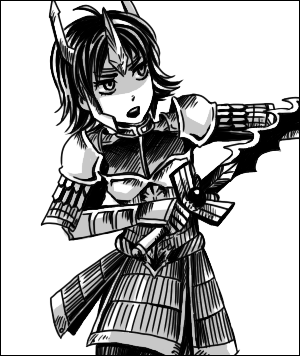 tachibana ginchiyo, sengoku musou, sengoku musou 2, lowres, 1girl, armor, female focus, full armor, gauntlets, gem, greyscale, headpiece, looking to the side, monochrome, shaded face, short hair, simple background, solo, white background