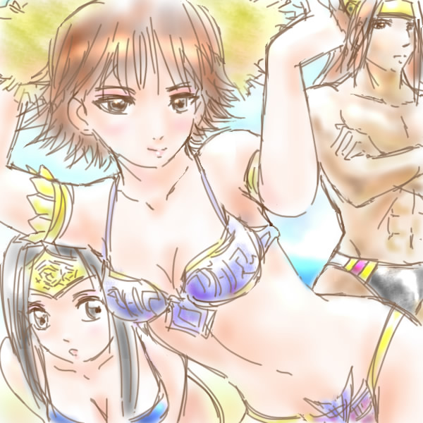 inahime, ishida mitsunari, ishida mitsunari (sengoku musou), tachibana ginchiyo, sengoku musou, sengoku musou 2, 1boy, 2girls, armlet, armpits, bandana, bent over, bikini, black male swimwear, black swim briefs, blue bikini, brown eyes, brown hair, collarbone, crossed arms, downblouse, hat, jewelry, looking at viewer, male swimwear, midriff, multiple girls, navel, short hair, sketch, stomach, straw hat, swim briefs, swimsuit, toned, topless female, topless male