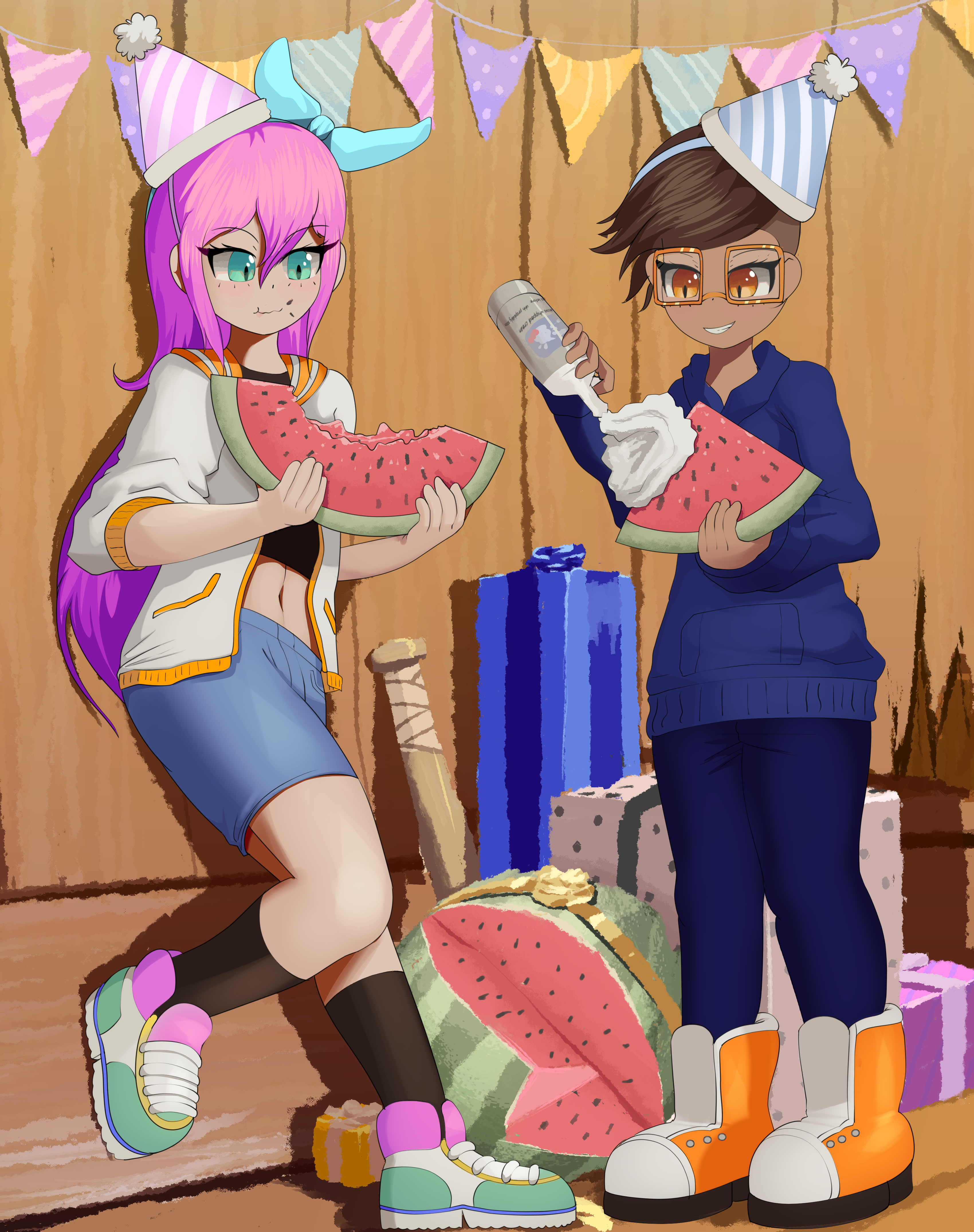 elecmaw, aubrey (omori), kim (omori), omori, absurdres, highres, blue eyes, box, brown hair, cream, denim, food, fruit, gift, gift box, hat, hood, hoodie, jeans, long hair, pants, party hat, pink hair, rottenmelons, undercut, watermelon