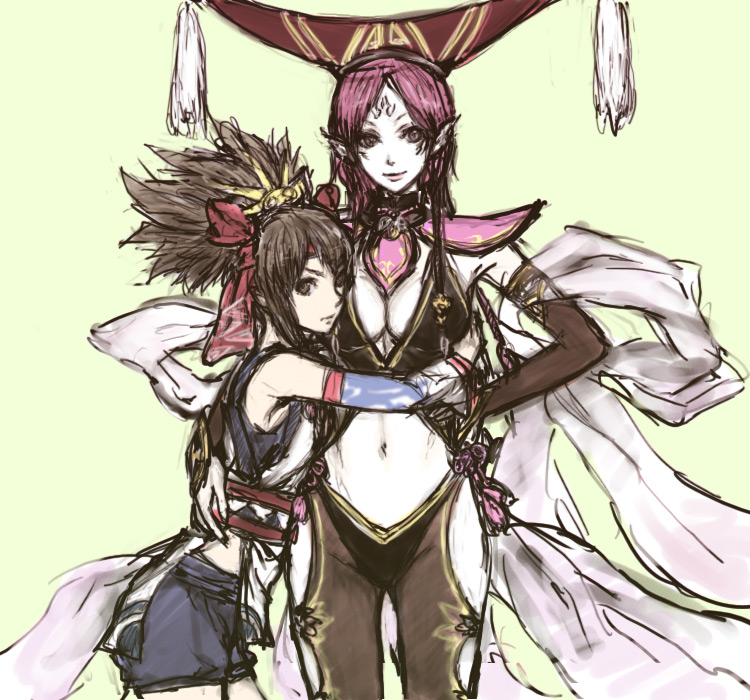 egawa satsuki, da ji, himiko (musou orochi), musou orochi, musou orochi 2, 2girls, armpits, belt, black hair, breasts, brown eyes, cleavage, detached sleeves, facial mark, flat chest, forehead mark, hair ornament, hand on own hip, hat, headband, hip focus, hug, japanese clothes, large breasts, lipstick, looking back, makeup, midriff, multiple girls, navel, no bra, pale skin, pink hair, pointy ears, ponytail, purple eyes, sash, shorts, shoulder pads, simple background, smile, spiked hair, standing, turtleneck, yuri