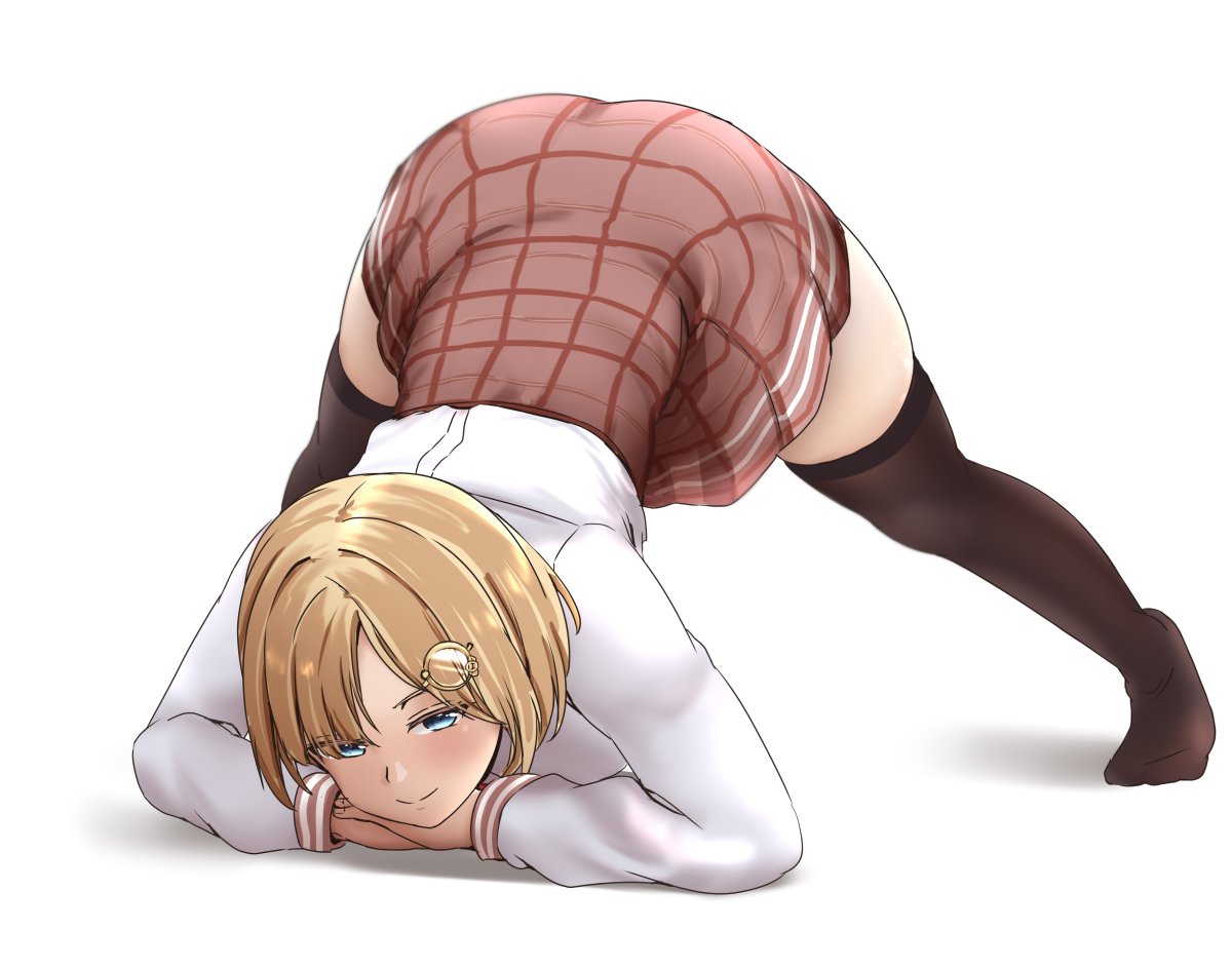 naozuri, watson amelia, watson amelia (1st costume), hololive, hololive english, 1girl, arched back, arm rest, ass, blonde hair, blue eyes, blush, bob cut, breasts, brown skirt, full body, hair ornament, hands on ground, jack-o' challenge, long sleeves, medium hair, plaid clothes, plaid skirt, shadow, shirt, short hair, skirt, smile, solo, spread legs, thighhighs, thighs, top-down bottom-up, virtual youtuber, white background, white shirt, wide spread legs