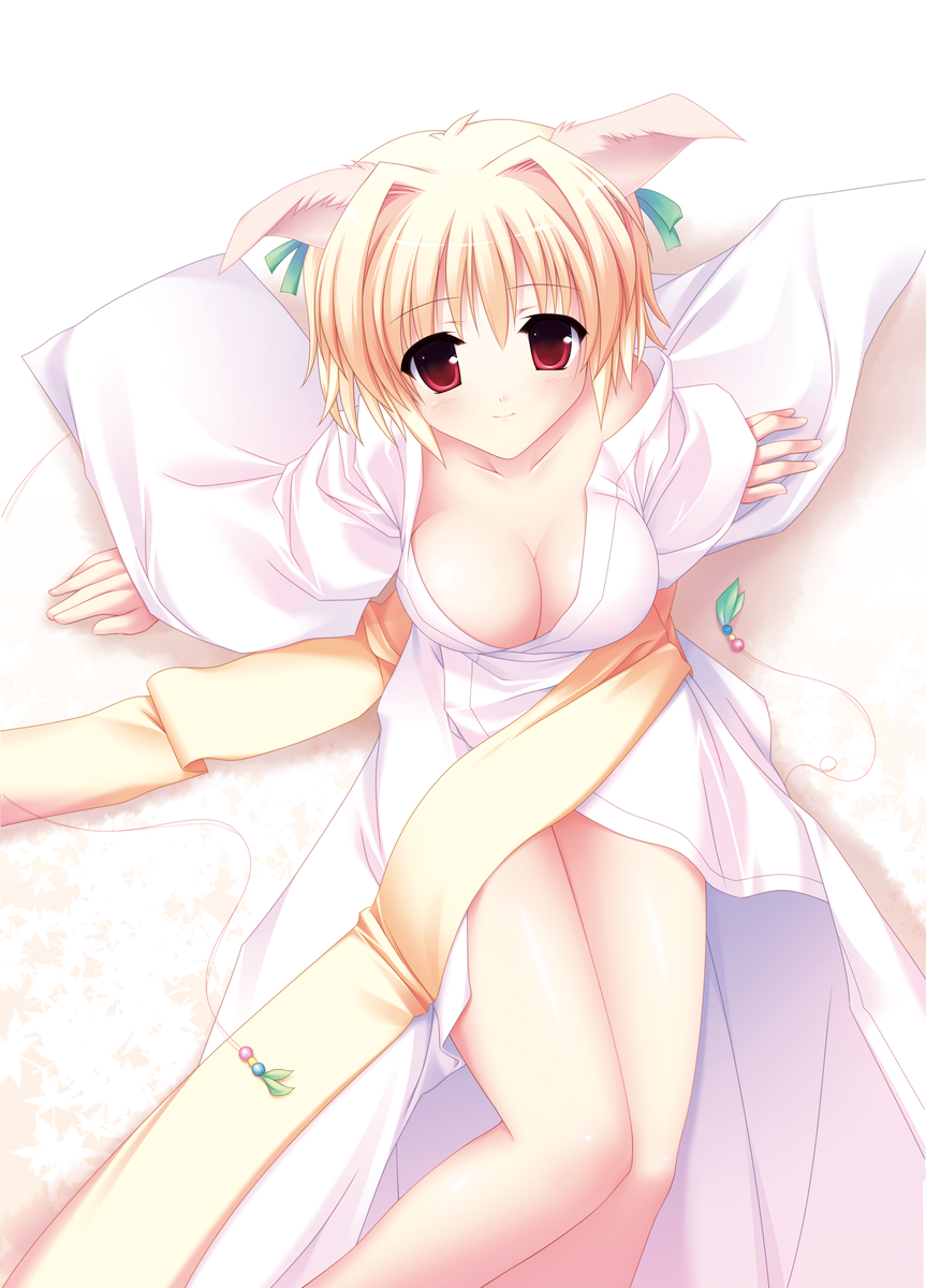 fujisaki rei, original, bad id, bad pixiv id, highres, 1girl, animal ears, blonde hair, breasts, cleavage, female focus, from above, japanese clothes, kimono, large breasts, red eyes, short hair, sitting, solo, yukata