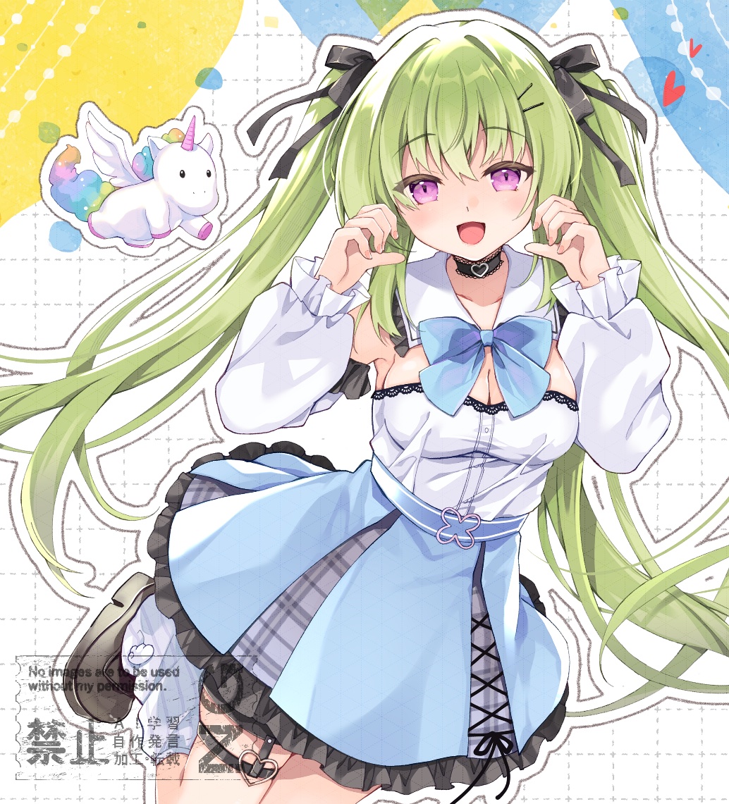 purinpurin, indie virtual youtuber, commentary request, commission, skeb commission, 1girl, :d, bare shoulders, black bow, black choker, black ribbon, black shoes, blue bow, blue bowtie, blue skirt, blush, bow, bowtie, breasts, choker, cleavage, collar, collarbone, cowboy shot, detached collar, detached sleeves, fingernails, floating hair, foot up, frilled choker, frilled collar, frilled skirt, frilled sleeves, frills, green hair, hair between eyes, hair bow, hair ornament, hair ribbon, hairclip, hands up, happy, heart, heart choker, heart o-ring, high-waist skirt, lace, lace-trimmed shirt, lace trim, large breasts, long hair, long sleeves, looking at viewer, masumi richi, o-ring, o-ring thigh strap, open mouth, outline, parallel hairclips, puffy long sleeves, puffy sleeves, purple eyes, ribbon, shirt, shoes, simple background, skirt, smile, solo, standing, standing on one leg, strapless, strapless shirt, thigh strap, unicorn, very long hair, virtual youtuber, watermark, white background, white outline, white shirt