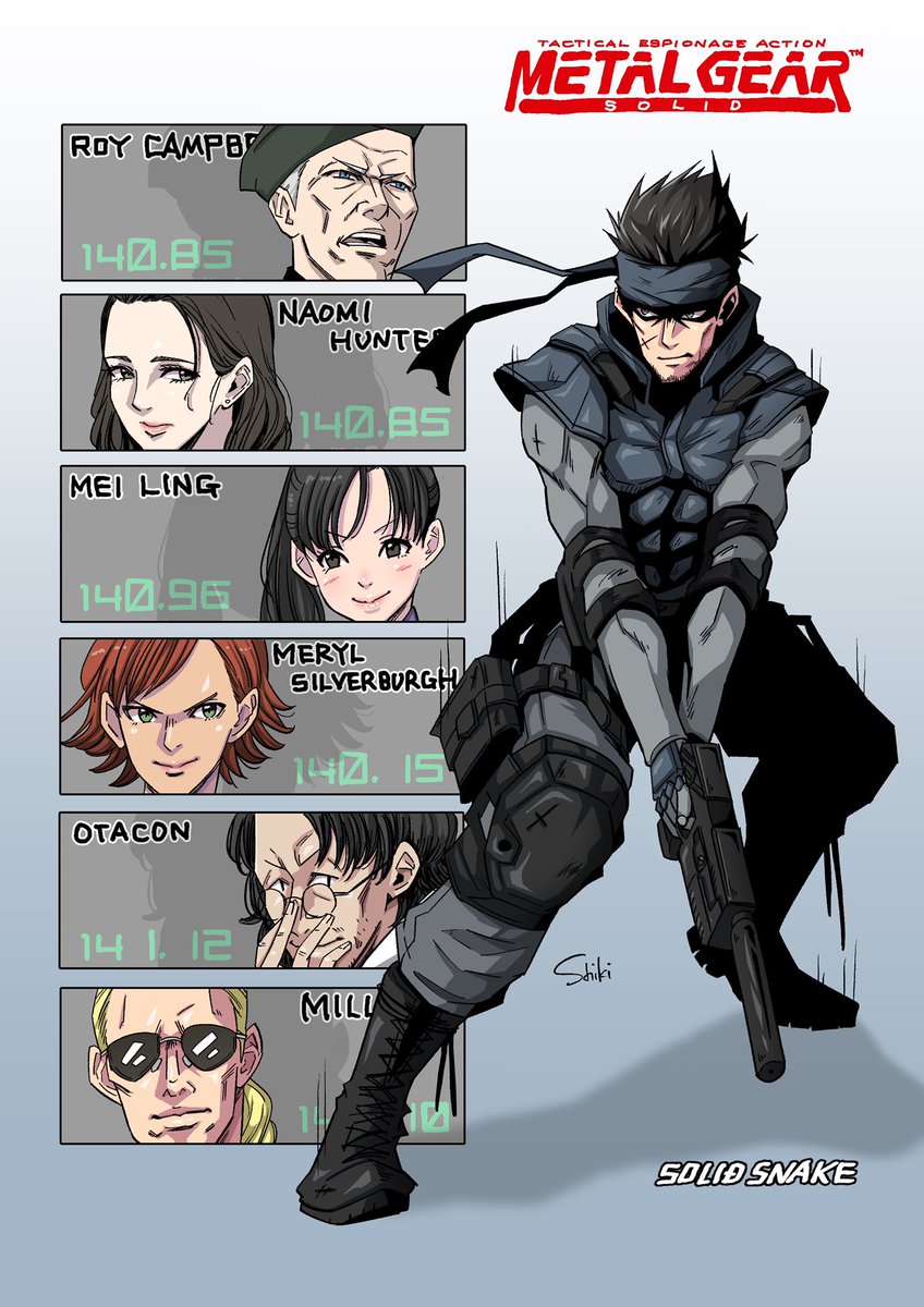 lakugali shiki, hal emmerich, kazuhira miller, mei ling, meryl silverburgh, naomi hunter, roy campbell, solid snake, metal gear (series), metal gear solid, highres, 3girls, 4boys, adjusting eyewear, black boots, black hair, black hat, black headband, blonde hair, boots, brown hair, copyright name, cross scar, facial scar, full body, furrowed brow, glasses, grey pants, grey shirt, gun, hat, head only, headband, holding, holding gun, holding weapon, holster, knee pads, light blush, long hair, multiple boys, multiple girls, pants, parted bangs, ponytail, round eyewear, scar, scar on cheek, scar on face, shirt, short hair, smile, sunglasses, thigh holster, weapon