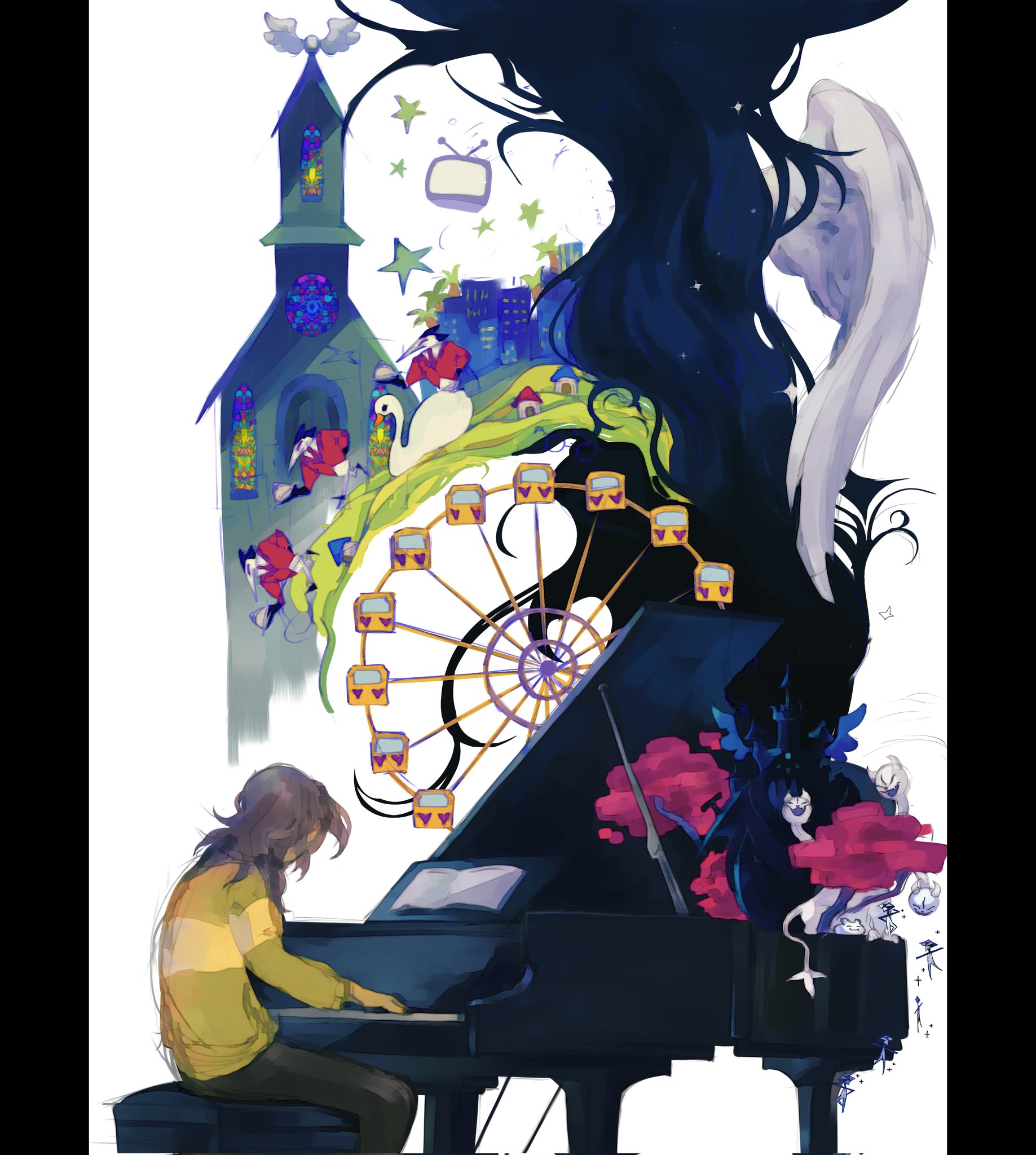 clover (deltarune), kris (deltarune), swatchling (deltarune), deltarune, utdr (toby fox), highres, tagme, 1other, brown hair, building, church, ferris wheel, instrument, jaqratte, music, object focus, piano, playing instrument, playing piano, shirt, sitting, striped clothes, striped shirt, tree, white background