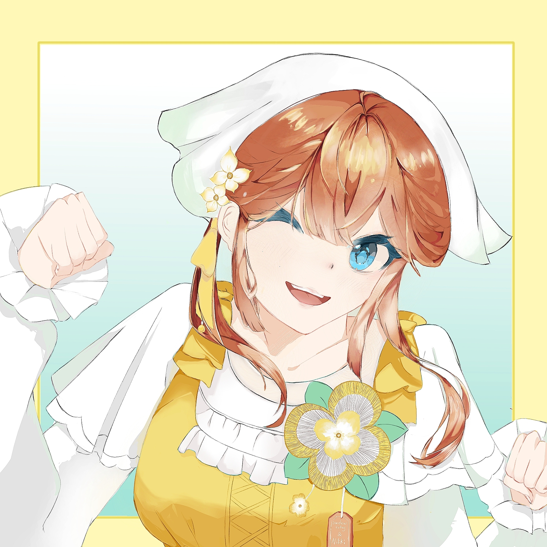 infinity nikki, nikki (series), stardew valley, highres, 1girl, blue background, blue eyes, blunt bangs, border, bow, brooch, brown hair, clenched hands, collarbone, colored eyelashes, country lolita, cross-laced clothes, cross-laced dress, dot nose, dress, flower, flower brooch, frilled shirt, frilled sleeves, frills, gradient background, hair between eyes, hair bow, hair flower, hair ornament, headscarf, jewelry, layered sleeves, light blush, lolita fashion, long sleeves, looking at viewer, loose hair strand, nanxing26663, one eye closed, open mouth, outside border, pinafore dress, puffy long sleeves, puffy sleeves, shirt, short hair with long locks, short over long sleeves, short sleeves, sidelocks, simple background, sleeveless, sleeveless dress, sleeves past wrists, smile, solo, stardew valley encounter (infinity nikki), teeth, upper body, upper teeth only, wavy hair, white flower, white headscarf, white shirt, yellow border, yellow bow, yellow dress, yellow flower