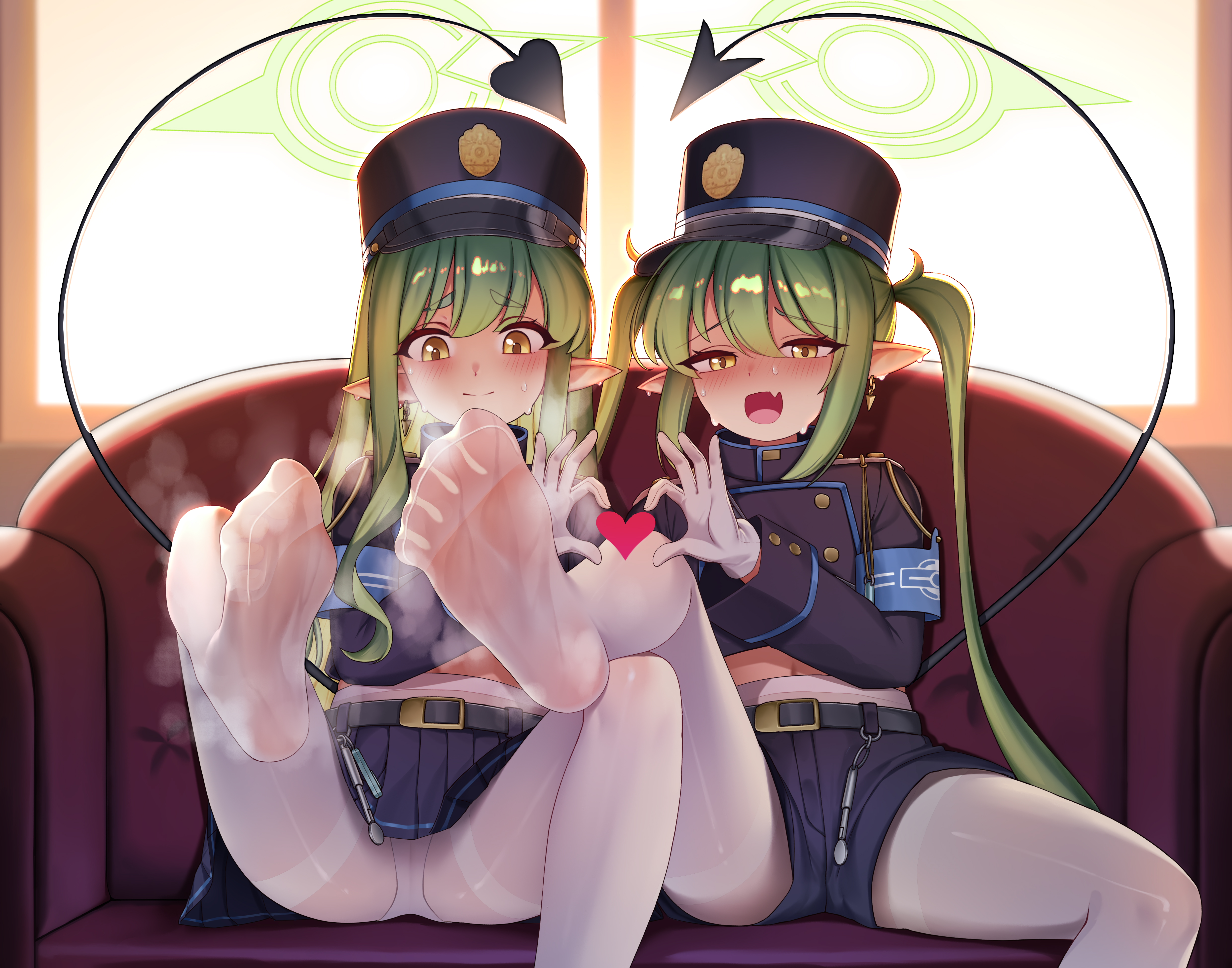mimuxiao, hikari (blue archive), nozomi (blue archive), blue archive, absurdres, highres, 2girls, blush, demon tail, feet, green hair, hat, heart, heart hands, long hair, looking at viewer, multiple girls, open mouth, panties, panties under pantyhose, pantyhose, pantyshot, pointy ears, soles, steam, sweat, tail, toes, twintails, underwear, white pantyhose, yellow eyes
