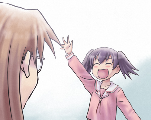 shiwashiwa no kinchakubukuru, mizuhara koyomi, takino tomo, azumanga daiou, bad id, bad pixiv id, lowres, 2girls, alternate hairstyle, brown hair, closed eyes, glasses, multiple girls, school uniform, serafuku, short hair, smile, twintails, waving