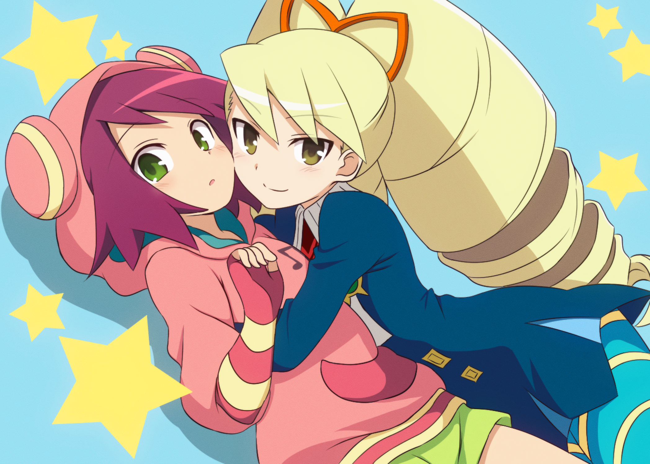 curakuru, luna platz (mega man), sonia (pokemon), mega man (series), mega man star force (series), 2girls, blonde hair, drill hair, green eyes, multiple girls