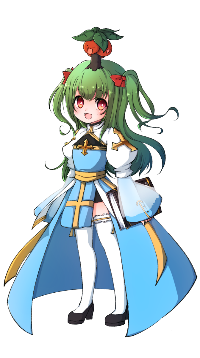 asuta (kinakomoti300), arch bishop (ragnarok online), ragnarok online, commentary request, highres, 1girl, black shirt, black shoes, blue dress, book, bow, cleavage cutout, clothing cutout, cross, dress, frilled thighhighs, frills, full body, green hair, hair bow, holding, holding book, juliet sleeves, long hair, long sleeves, looking at viewer, open mouth, orange eyes, plant on head, puffy sleeves, red bow, sash, shirt, shoes, simple background, smile, solo, standing, thighhighs, two-tone dress, two side up, white dress, white thighhighs, yellow sash