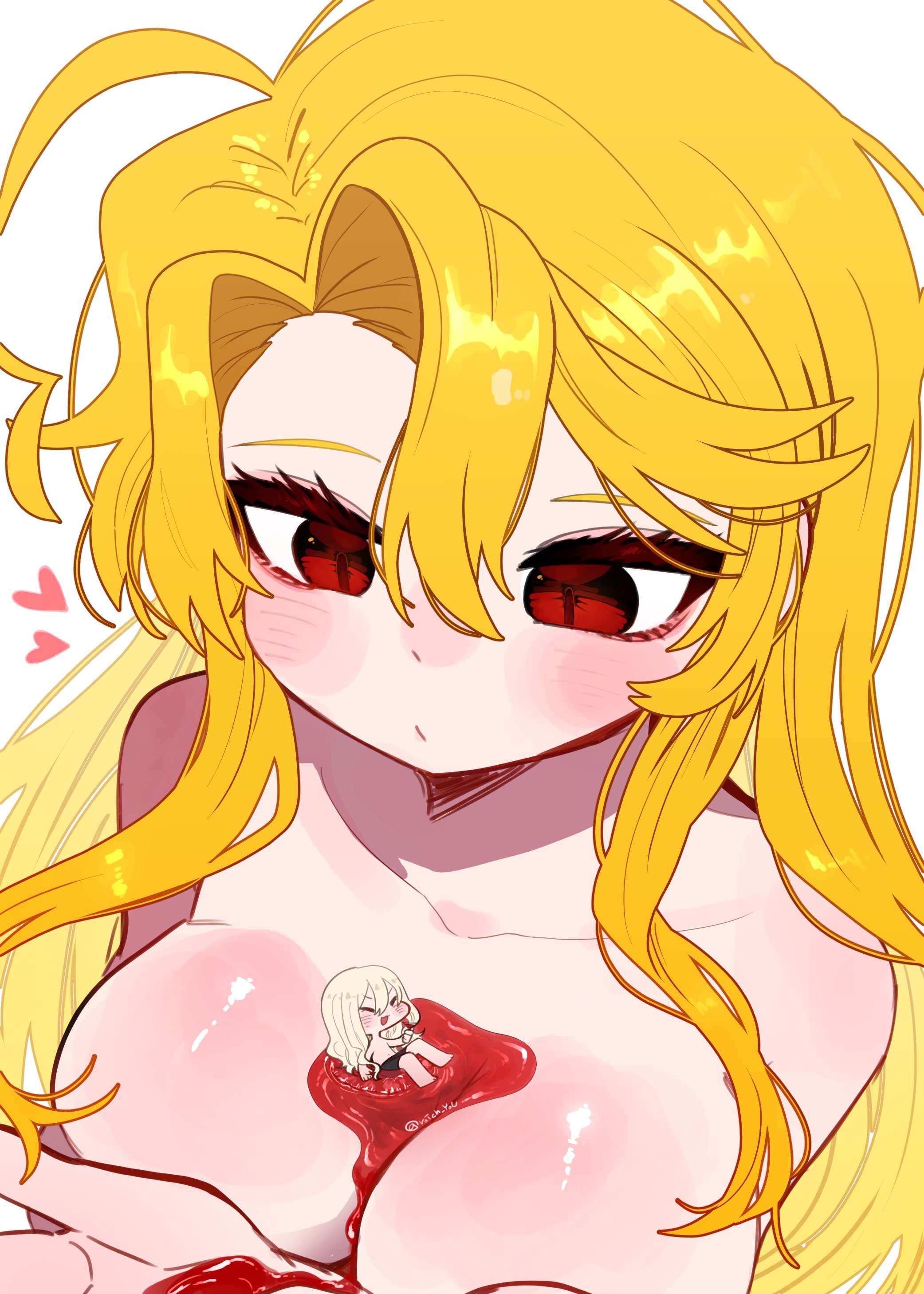 pmchell 04, don quixote (project moon), sancho (project moon), limbus company, project moon, absurdres, highres, 1boy, 1girl, blonde hair, blush, breasts, breasts squeezed together, chibi, closed eyes, closed mouth, covered erect nipples, heart, la manchaland's don quixote (project moon), large breasts, long hair, looking at another, nude, open mouth, red eyes, shiny skin, simple background, slit pupils, smile, swimsuit, wavy hair, white background, white hair