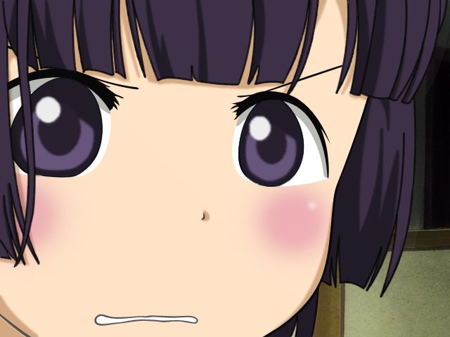 ana coppola, kuhouin murasaki, ichigo mashimaro, kure-nai, kurenai, >:d, 1girl, :d, black hair, blush, clenched teeth, female focus, gununu (meme), meme, open mouth, parody, parted lips, purple eyes, smile, solo, tareme, teeth, upper body, v-shaped eyebrows