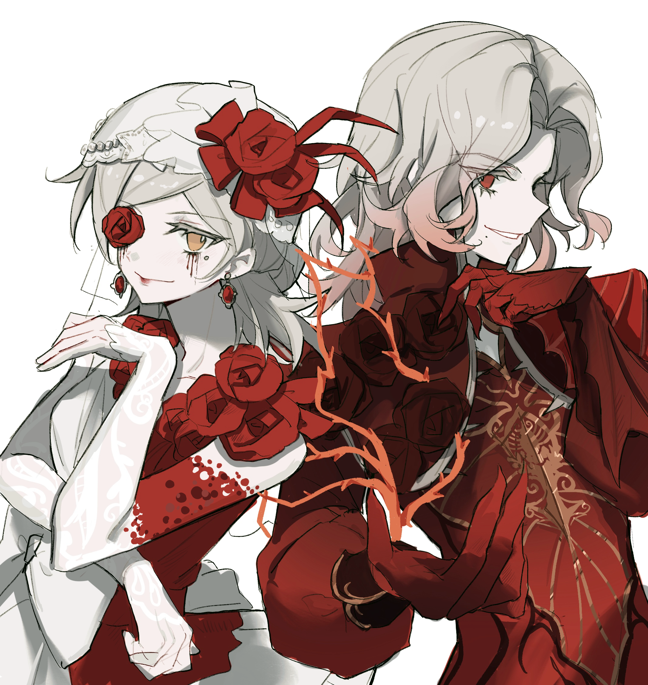 richard sterling (the red knight), vera nair, vera nair (crimson bride), identity v, highres, 1boy, 1girl, armor, bride, colored eyelashes, colored tips, earrings, flower, frills, gloves, grey hair, headpiece, jewelry, knight, lace, lace sleeves, lixiao62108, looking at viewer, makeup, multicolored hair, red armor, red eyes, red flower, red lips, red rose, richard sterling, rose, runny makeup, sleeves past wrists, thorns, yellow eyes