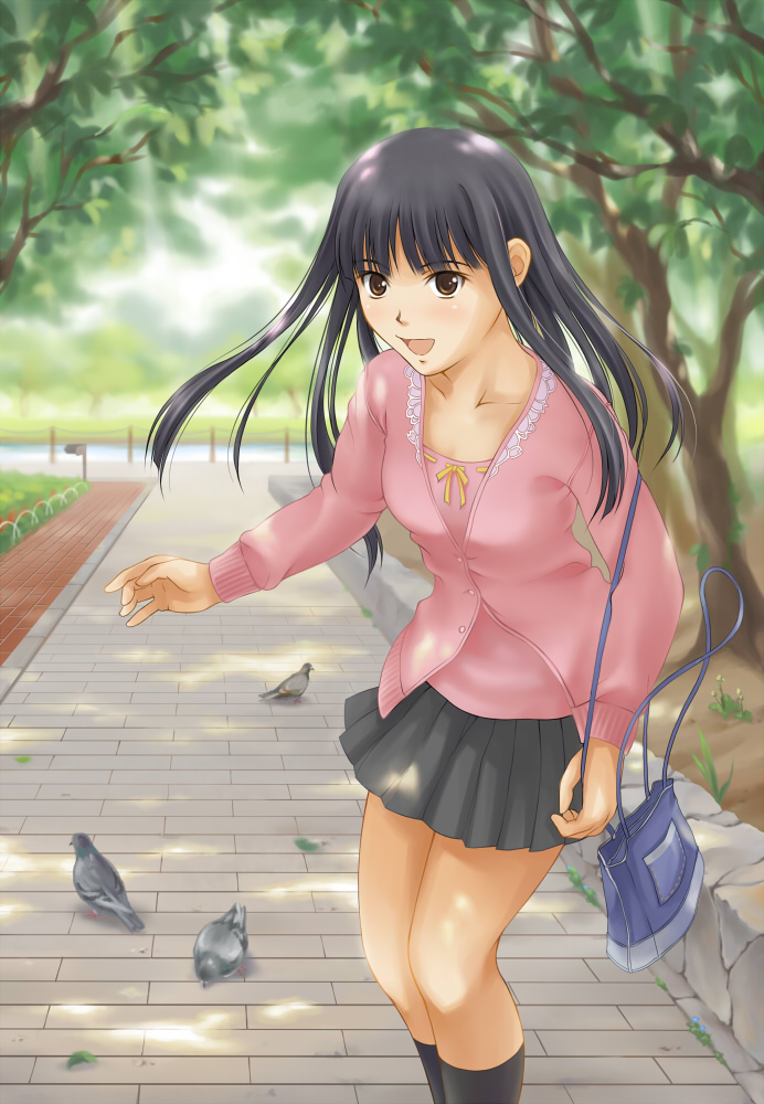 suda (yuunagi enikki), original, bad id, bad pixiv id, 1girl, bag, bird, black hair, brown eyes, female focus, handbag, long hair, skirt, smile, solo, tree