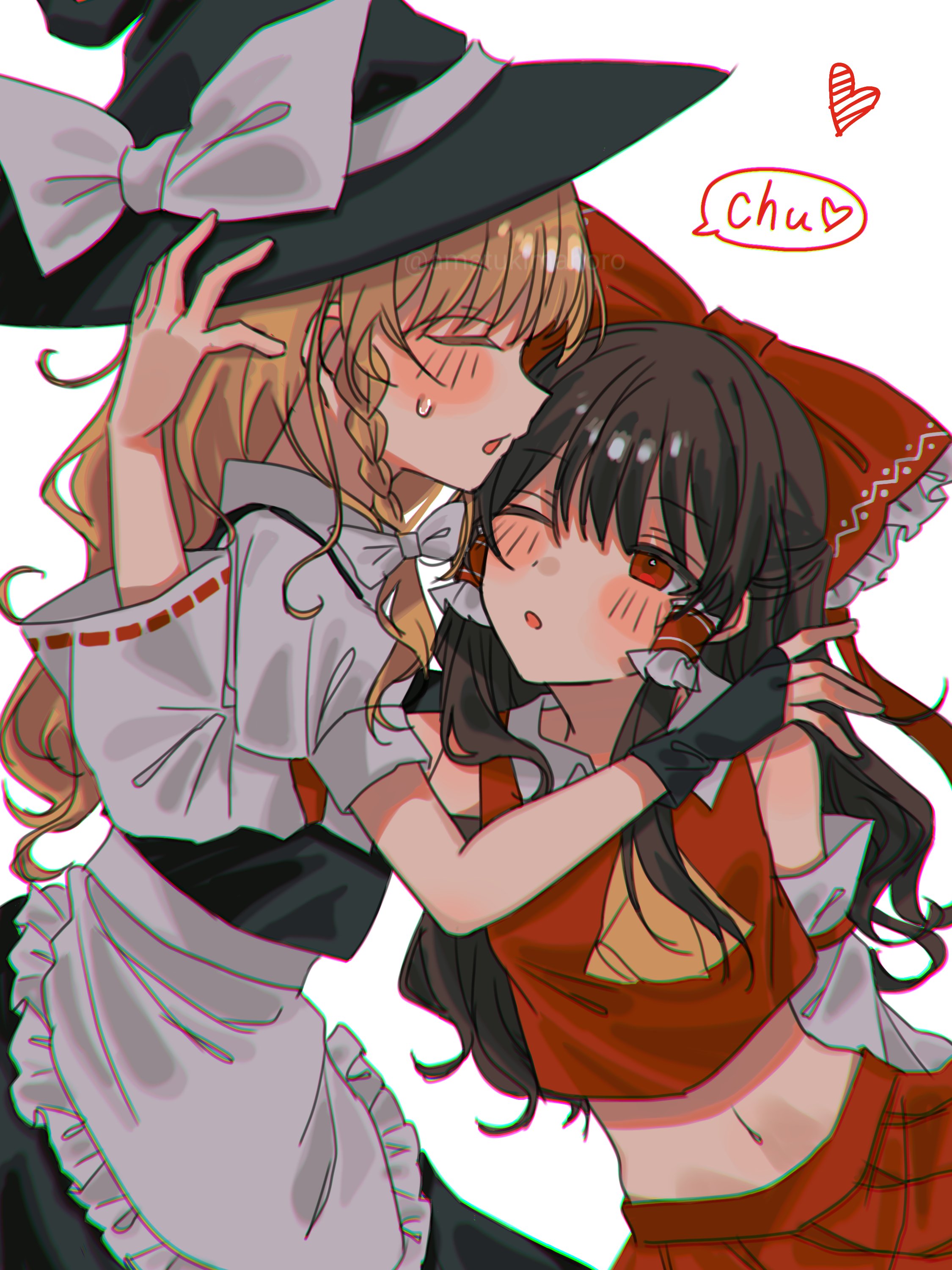 amatukimahoro, hakurei reimu, kirisame marisa, touhou, absurdres, highres, 2girls, apron, ascot, bare shoulders, black vest, blonde hair, blush, bow, braid, brown hair, chromatic aberration, closed eyes, detached sleeves, fingerless gloves, frilled bow, frilled hair tubes, frills, gloves, hair bow, hair tubes, hat, hat bow, heart, kiss, kissing forehead, multiple girls, navel, red bow, red eyes, red shirt, red skirt, ribbon-trimmed sleeves, ribbon trim, shirt, side braid, single braid, skirt, skirt set, vest, waist apron, white bow, white shirt, witch hat, yellow ascot, yuri