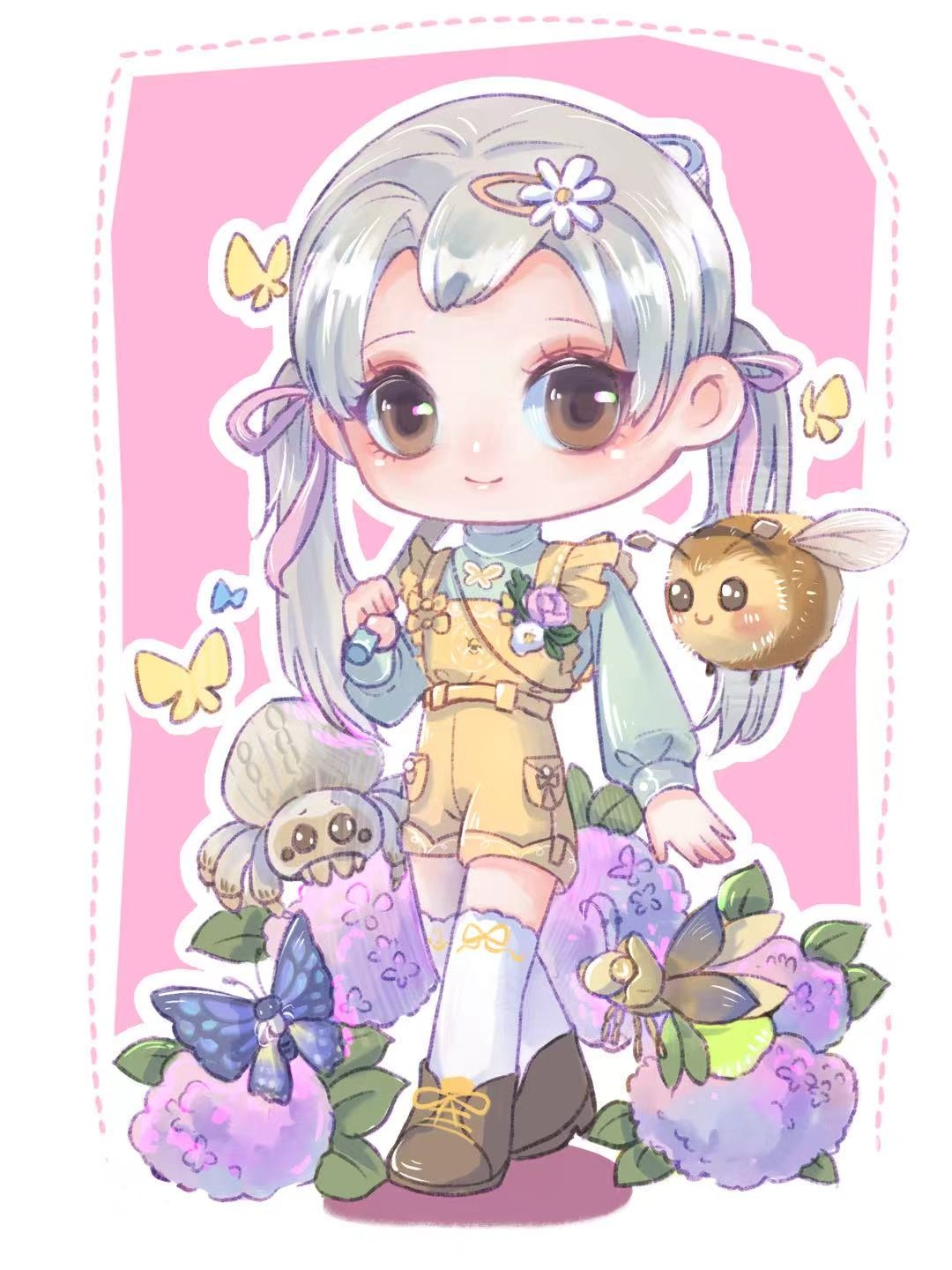 afternoon shine (infinity nikki), infinity nikki, nikki (series), commission, highres, 1girl, bee, belt, blue butterfly, boots, border, brooch, brown boots, brown eyes, bug, butterfly, butterfly necklace, butterfly net, carrying over shoulder, closed mouth, daisy (flower), deformed, dotted line, eyelashes, eyeshadow, fireflies, flower, flower brooch, foodie bee, frilled straps, green shirt, grey hair, hair flower, hair ornament, hair ribbon, hairclip, hand net, high heel boots, high heels, holding, holding butterfly net, insect, jewelry, light blush, lips, long hair, long sleeves, makeup, outline, over-kneehighs, overalls, pink background, pink eyeshadow, pink ribbon, pocket, puffy long sleeves, puffy sleeves, purple flower, ribbon, ribbon legwear, shadow, shirt, smile, socks, solo, tarantula, tareme, thighhighs, turtleneck, turtleneck shirt, twintails, walking, white border, white flower, white outline, white socks, xiaoya zie, yellow belt, yellow butterfly, yellow overalls, yellow ribbon