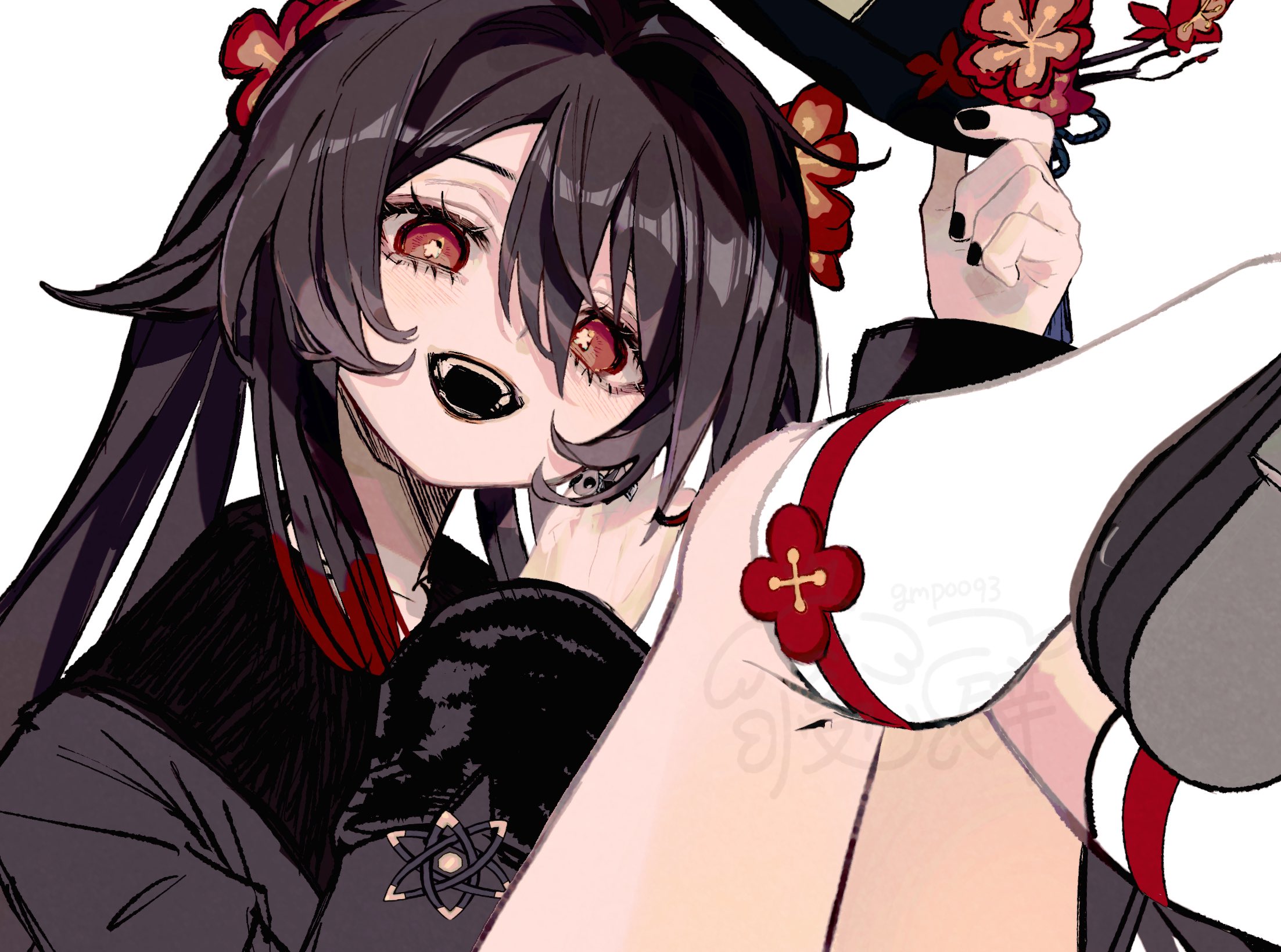 gmpoo93, hu tao (genshin impact), genshin impact, highres, 1girl, black hair, black hat, black nails, flower, hair between eyes, hair flower, hair ornament, hat, holding, holding unworn clothes, holding unworn hat, kneehighs, long hair, long sleeves, looking at viewer, nail polish, open mouth, red eyes, simple background, socks, solo, twintails, unworn hat, unworn headwear, white background, white socks
