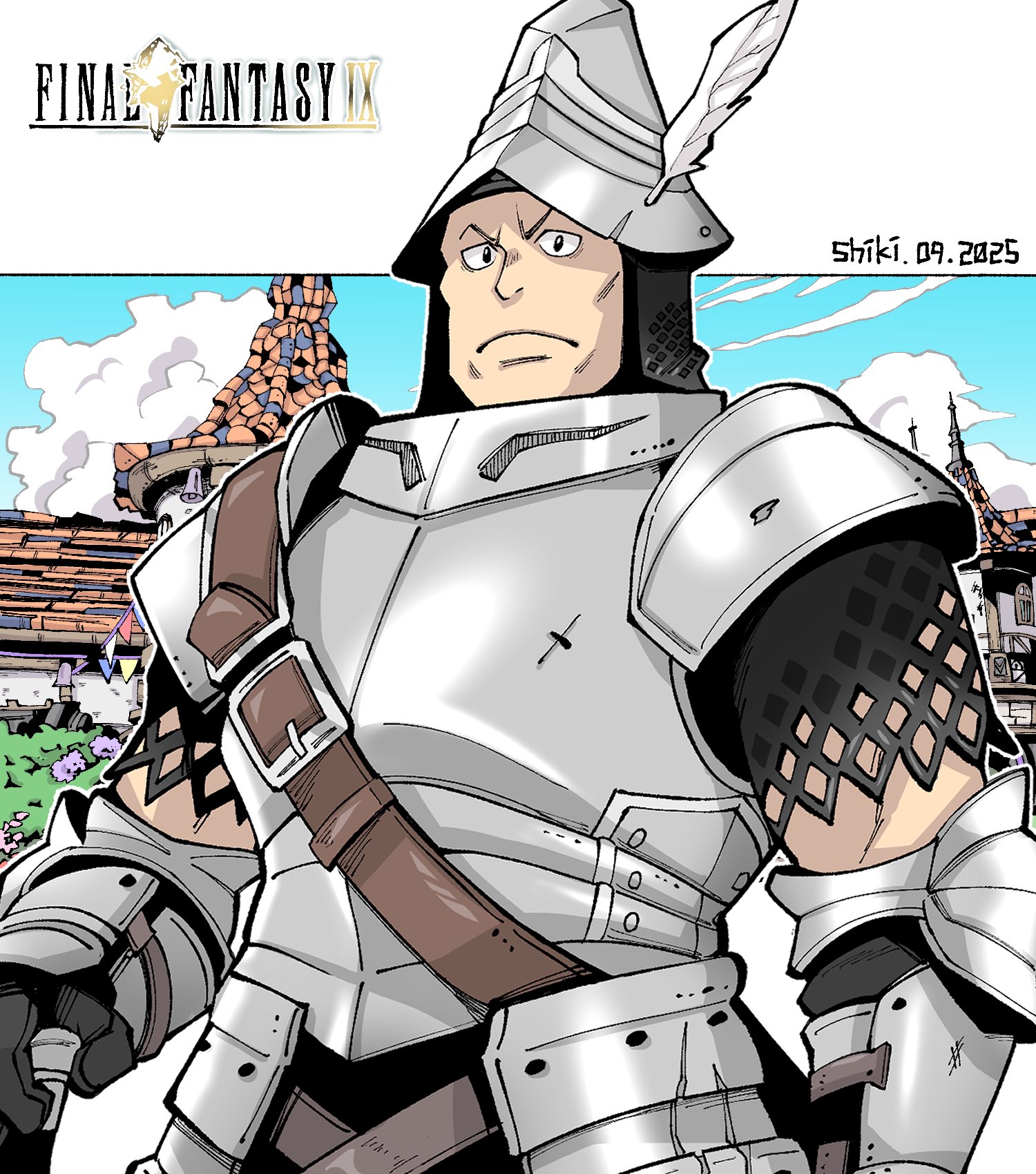lakugali shiki, adelbert steiner, final fantasy, final fantasy ix, highres, 1boy, armor, artist name, belt, belt buckle, border, breastplate, brown belt, buckle, castle, chainmail, copyright name, dated, frown, furrowed brow, hat feather, helm, helmet, holding, holding sword, holding weapon, knight, male focus, outdoors, portrait, shoulder armor, solo, sword, upper body, vambraces, weapon, white border