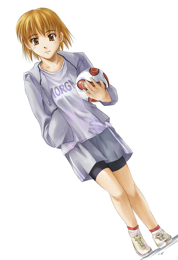 suda (yuunagi enikki), 2006 fifa world cup, world cup, jpeg artifacts, ball, bike shorts, brown eyes, brown hair, dutch angle, hand in pocket, hood, hoodie, short hair, shorts, soccer ball, solo, teamgeist