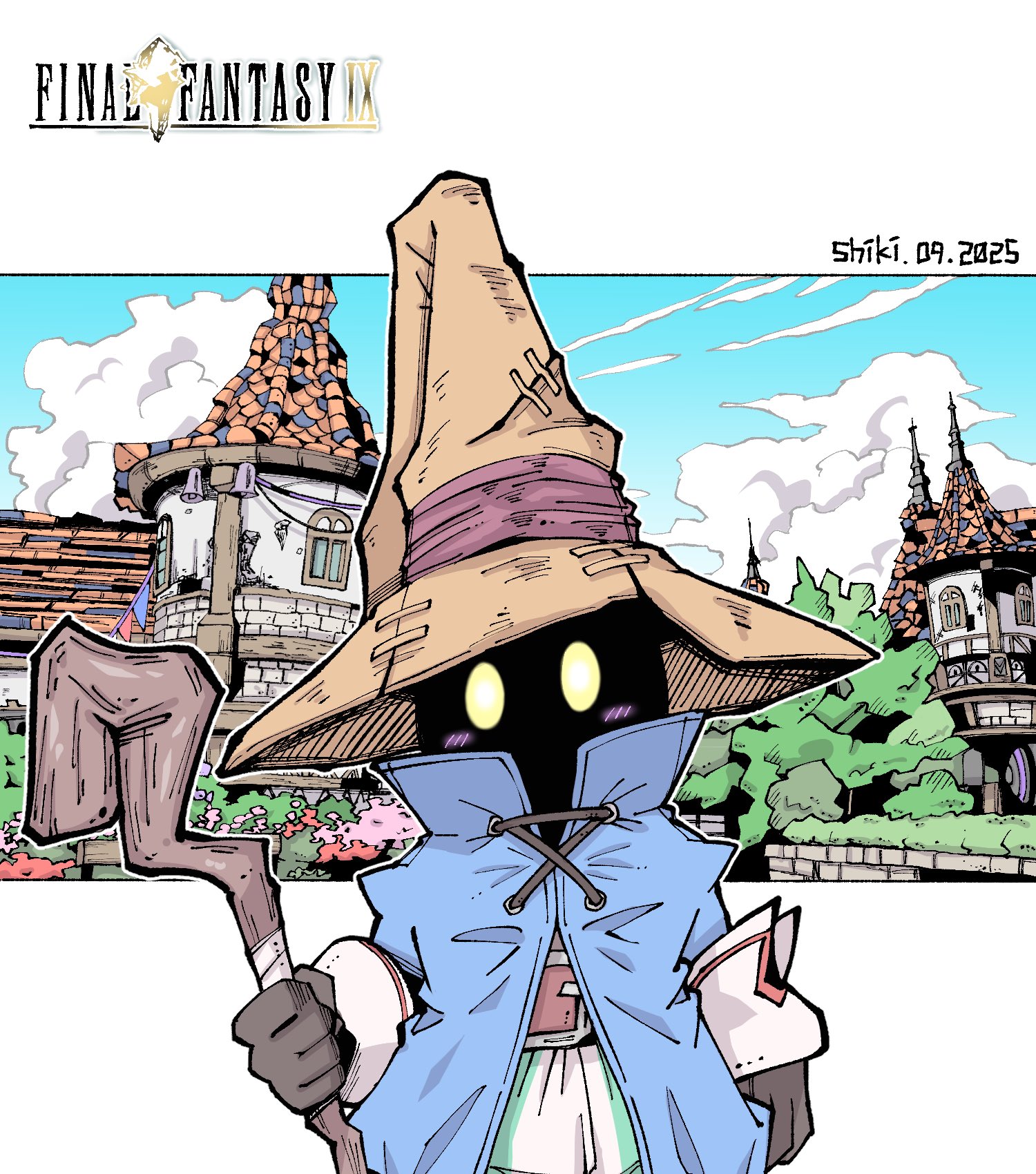 lakugali shiki, black mage (final fantasy), vivi ornitier, final fantasy, final fantasy ix, highres, 1boy, artist name, belt, belt buckle, blue coat, blush stickers, border, brown belt, buckle, castle, coat, copyright name, dated, gloves, grey gloves, hat, holding, holding staff, male focus, pants, portrait, solo, staff, striped clothes, striped pants, upper body, white border, wizard hat, yellow eyes