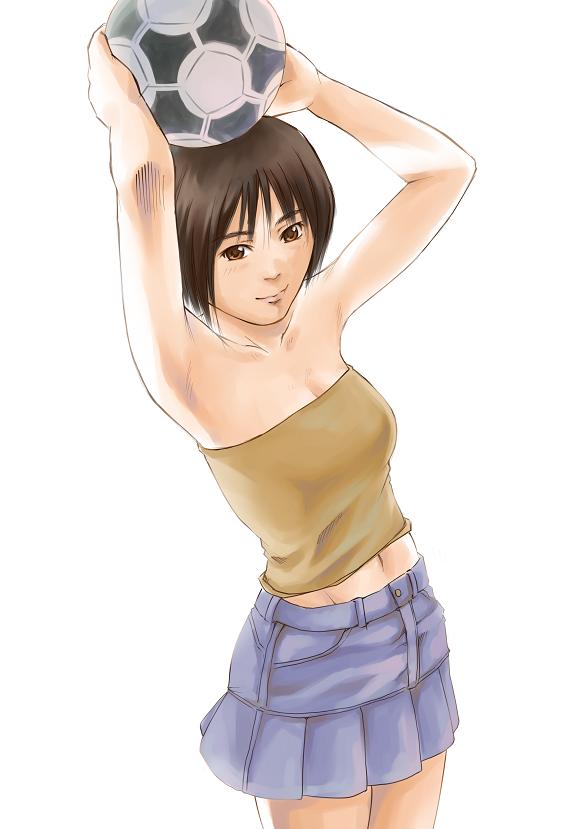 suda (yuunagi enikki), 1girl, armpits, ball, bare shoulders, brown eyes, brown hair, female focus, midriff, navel, short hair, skirt, soccer, soccer ball, solo, strapless, tango (soccer ball), tube top