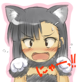 suda (yuunagi enikki), sakurazaki setsuna, mahou sensei negima!, lowres, 00s, animal ears, asymmetrical bangs, black hair, blush, brown eyes, cat ears, chibi, embarrassed, fang, fangs, gloves, long hair, solo, sweat