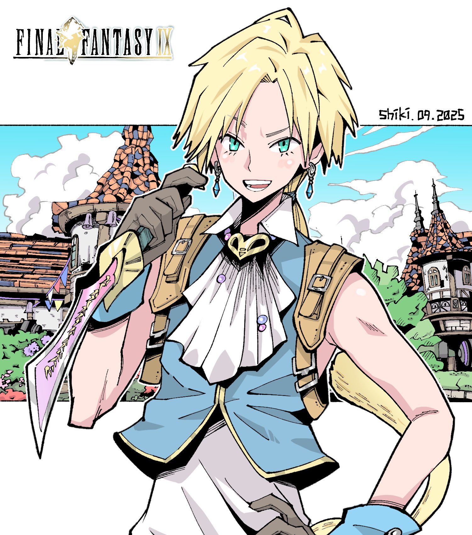 lakugali shiki, zidane tribal, final fantasy, final fantasy ix, highres, 1boy, aqua eyes, artist name, ascot, bare shoulders, blonde hair, blue vest, blue wrist cuffs, border, castle, cat tail, collared shirt, copyright name, dagger, dated, earrings, gloves, gold trim, grey gloves, hair tie, hand on own hip, holding, holding dagger, holding knife, holding weapon, jewelry, knife, low ponytail, male focus, open mouth, outdoors, parted bangs, ponytail, portrait, shirt, sleeveless, sleeveless shirt, smile, solo, tail, upper body, vest, weapon, white ascot, white border, white shirt, wrist cuffs