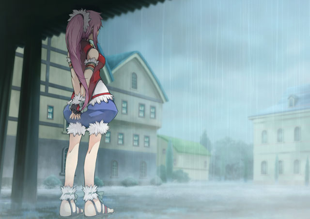 yoshizumi kazuyuki, etward deisler, atelier (series), gust, mana khemia (series), mana khemia 2, official art, 1girl, alchemist, arms behind back, female focus, fingerless gloves, gloves, long hair, pink hair, ponytail, rain, sandals, solo, standing