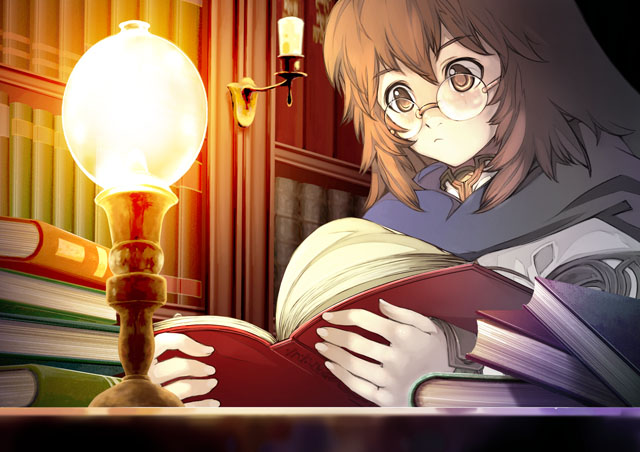 yoshizumi kazuyuki, chloe hartog, atelier (series), gust, mana khemia (series), mana khemia 2, official art, 1girl, alchemist, book, brown eyes, brown hair, female focus, glasses, indoors, lamp, open book, reading, solo