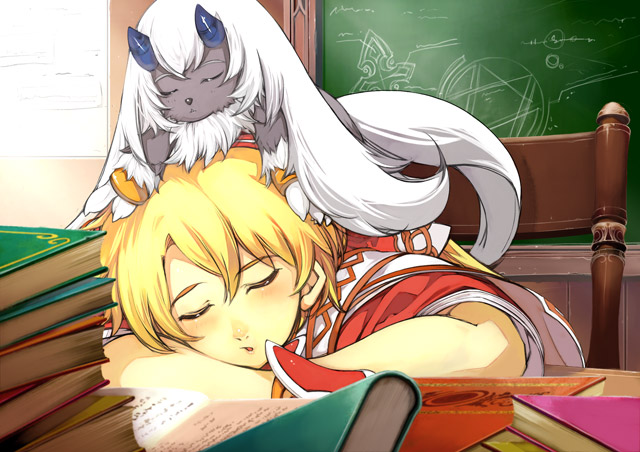 mana, yoshizumi kazuyuki, ulrika myberg, urxu, urxu (mana khemia), atelier (series), gust, mana khemia (series), mana khemia 2, official art, 1girl, alchemist, blonde hair, blush, book, chair, chalkboard, closed eyes, female focus, sleeping