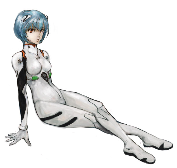 tadano tsutomu, ayanami rei, neon genesis evangelion, bad id, bad pixiv id, blue hair, mecha pilot suit, plugsuit (evangelion), red eyes, short hair, sitting, solo