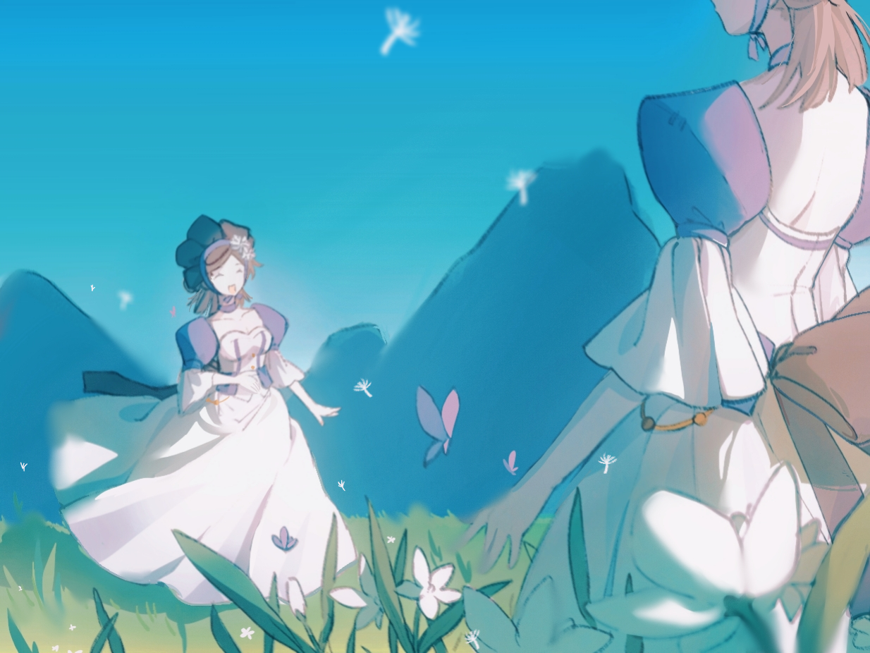 vera nair, identity v, 2girls, bonnet, brown hair, bug, butterfly, chloe nair, choker, closed eyes, dandelion seed, dress, floating clothes, floating hair, flower, grass, head out of frame, insect, lixiao62108, mountain, multiple girls, puffy sleeves, purple ribbon, ribbon, smile, white dress, wind