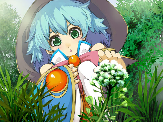 yoshizumi kazuyuki, puniyo (mana khemia), atelier (series), gust, mana khemia (series), mana khemia 2, official art, official wallpaper, 1girl, alchemist, blue hair, bow, female focus, flower, grass, green eyes, hat, open mouth, pink bow, solo