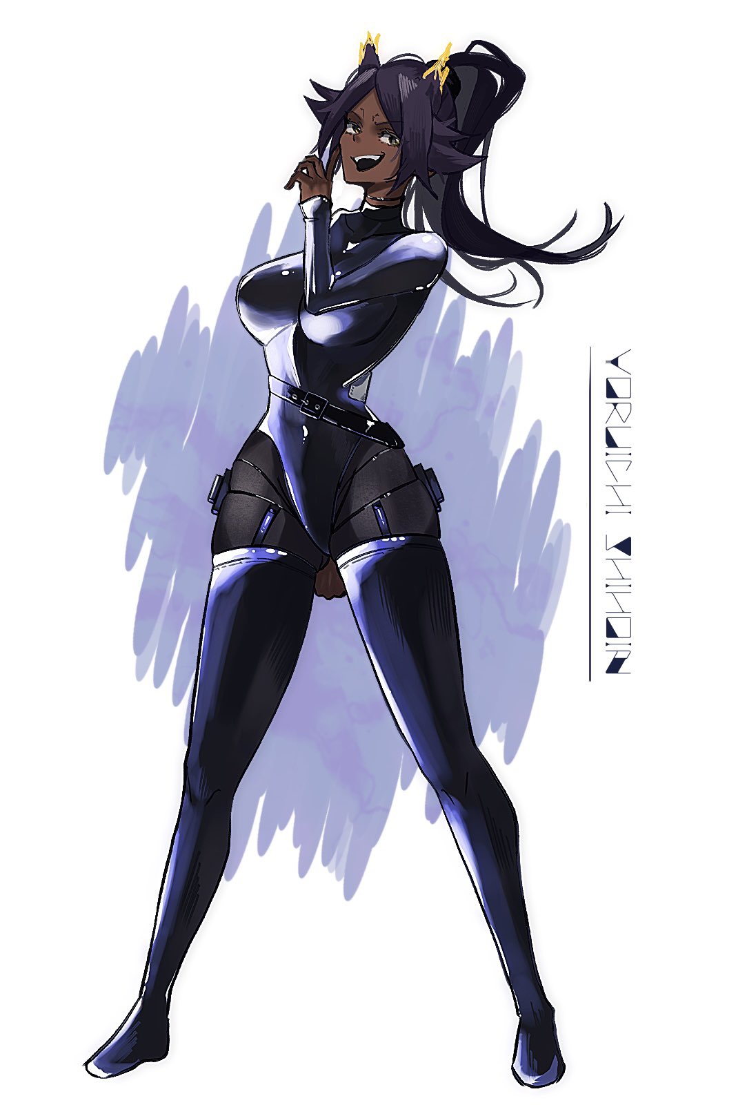 mmsb 551, shihouin yoruichi, bleach, highres, 1girl, belt, black belt, black bodysuit, black choker, blue background, blue boots, blue leotard, bodysuit, bodysuit under clothes, boots, breasts, choker, dark-skinned female, dark skin, english text, floating hair, frown, grey eyes, hand up, high ponytail, highleg, highleg leotard, large breasts, leather, leather boots, leather leotard, legs, leotard, leotard over bodysuit, lightning, long hair, looking to the side, mature female, open mouth, ponytail, purple hair, sidelocks, smile, solo, thigh boots, thighs, two-tone background, very long hair, white background