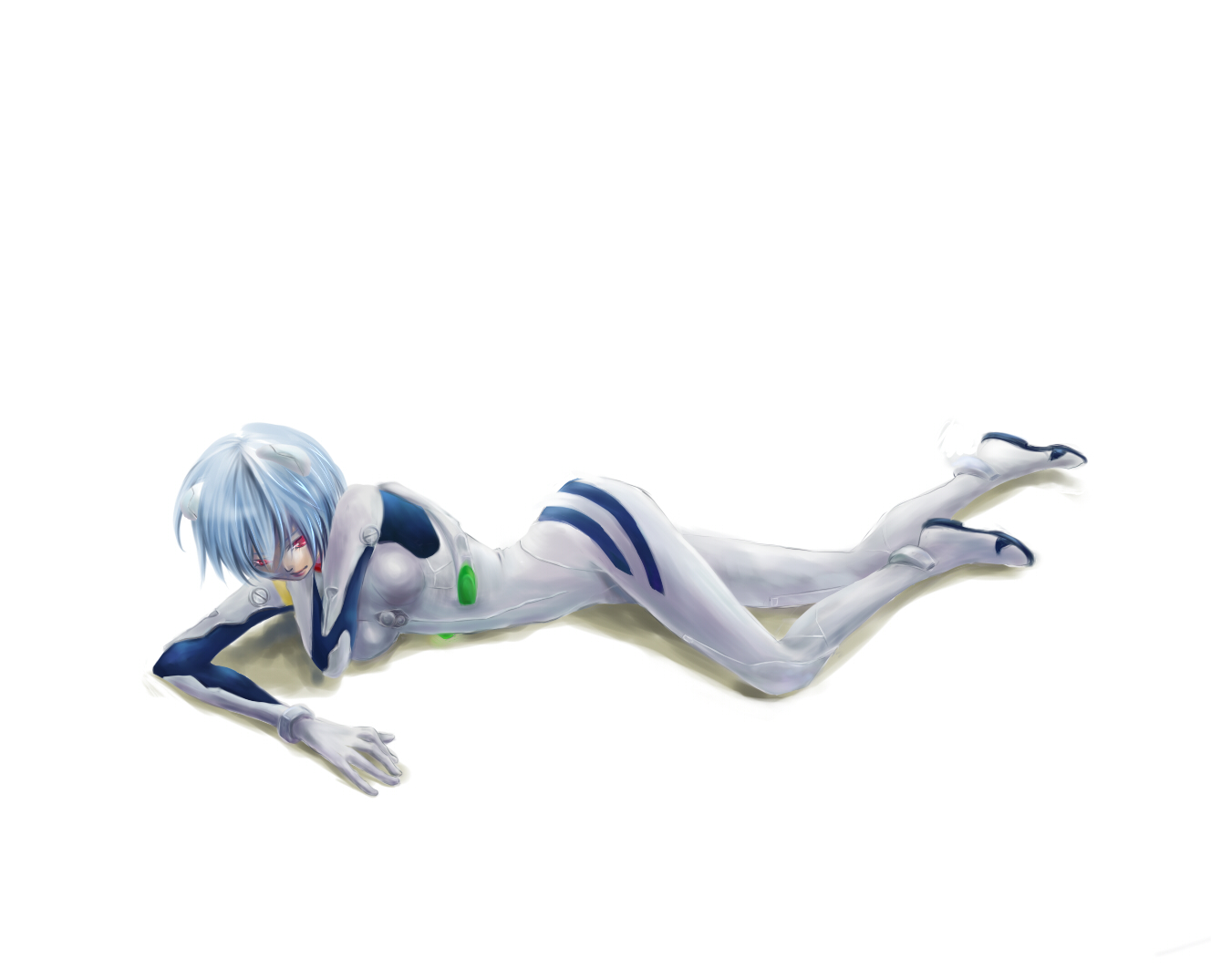 ichimatsu nana, kaz (pixiv127560), ayanami rei, neon genesis evangelion, bad id, bad pixiv id, 1girl, blue hair, female focus, lying, mecha pilot suit, plugsuit (evangelion), red eyes, short hair, solo