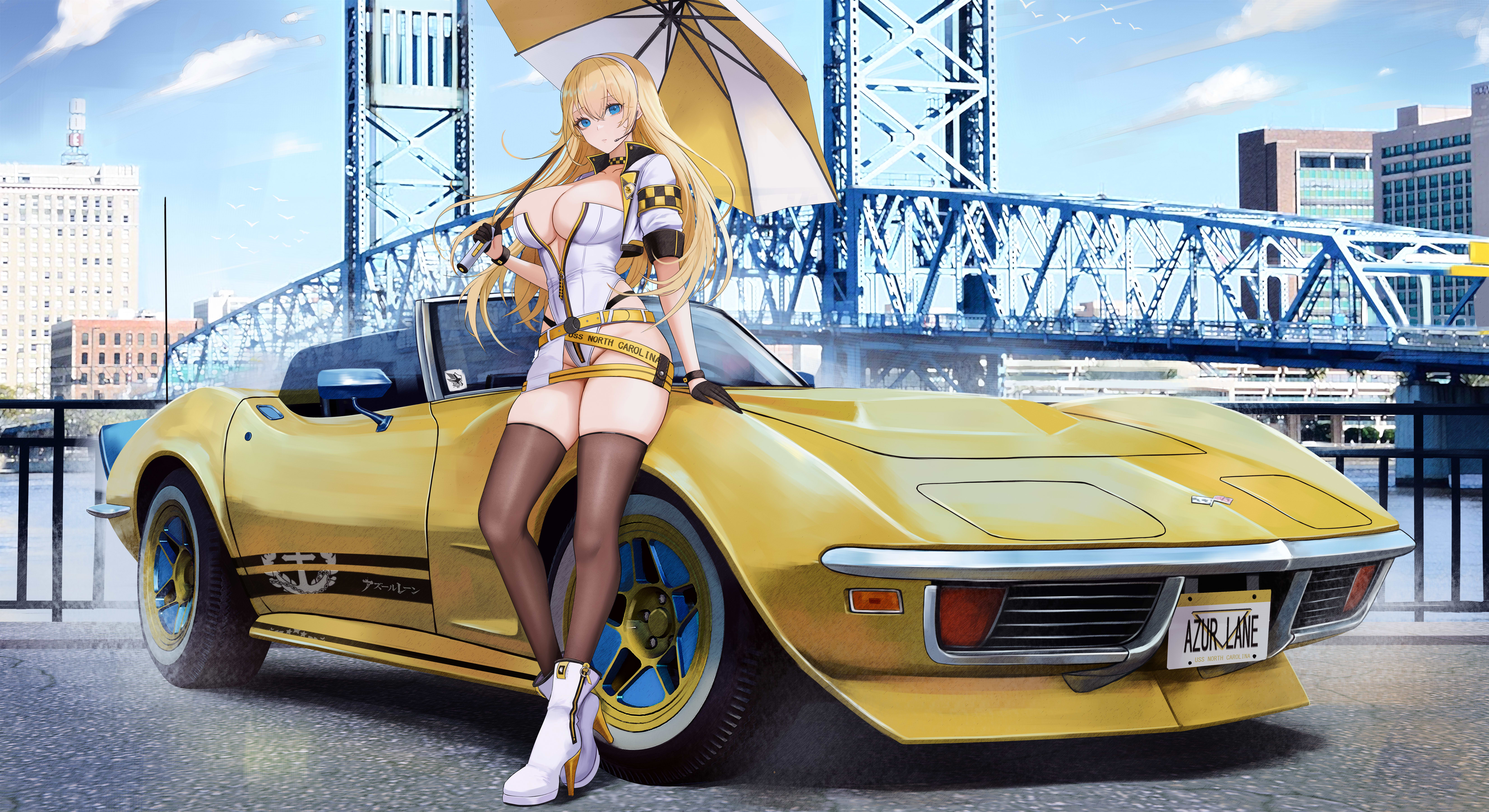 kcar66t, north carolina (azur lane), azur lane, chevrolet corvette, absurdres, commentary request, commission, highres, 1girl, alternate costume, armband, belt, bird, black gloves, blonde hair, blue eyes, blue sky, boots, breasts, bridge, building, car, checkered armband, checkered choker, checkered clothes, chevrolet corvette c3, city, clothes writing, cloud, collarbone, country connection, cropped jacket, day, eagle union (emblem), flock, florida (location), full body, gloves, hairband, half gloves, headset, high heel boots, high heels, jacksonville, john t. alsop jr. bridge, large breasts, leotard, license plate, logo, long hair, motor vehicle, multicolored umbrella, no bra, on car, outdoors, parted lips, partially unzipped, product placement, race queen, railing, real world location, river, scenery, short sleeves, skindentation, sky, solo, sports car, standing, thigh strap, thighhighs, thighs, umbrella, united states, water, white boots, white hairband, white leotard, white umbrella, yellow belt, yellow car, yellow umbrella, zipper, zipper pull tab