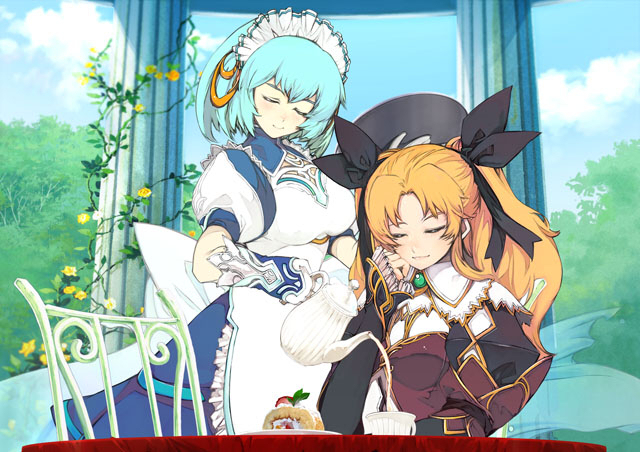 yoshizumi kazuyuki, liliane vehlendorf, wuim (mana khemia), atelier (series), gust, mana khemia (series), mana khemia 2, official art, 2girls, alchemist, blonde hair, blue hair, closed eyes, dessert, elbow gloves, female focus, food, gloves, hair ribbon, maid, multiple girls, ribbon, tea, teapot, twintails