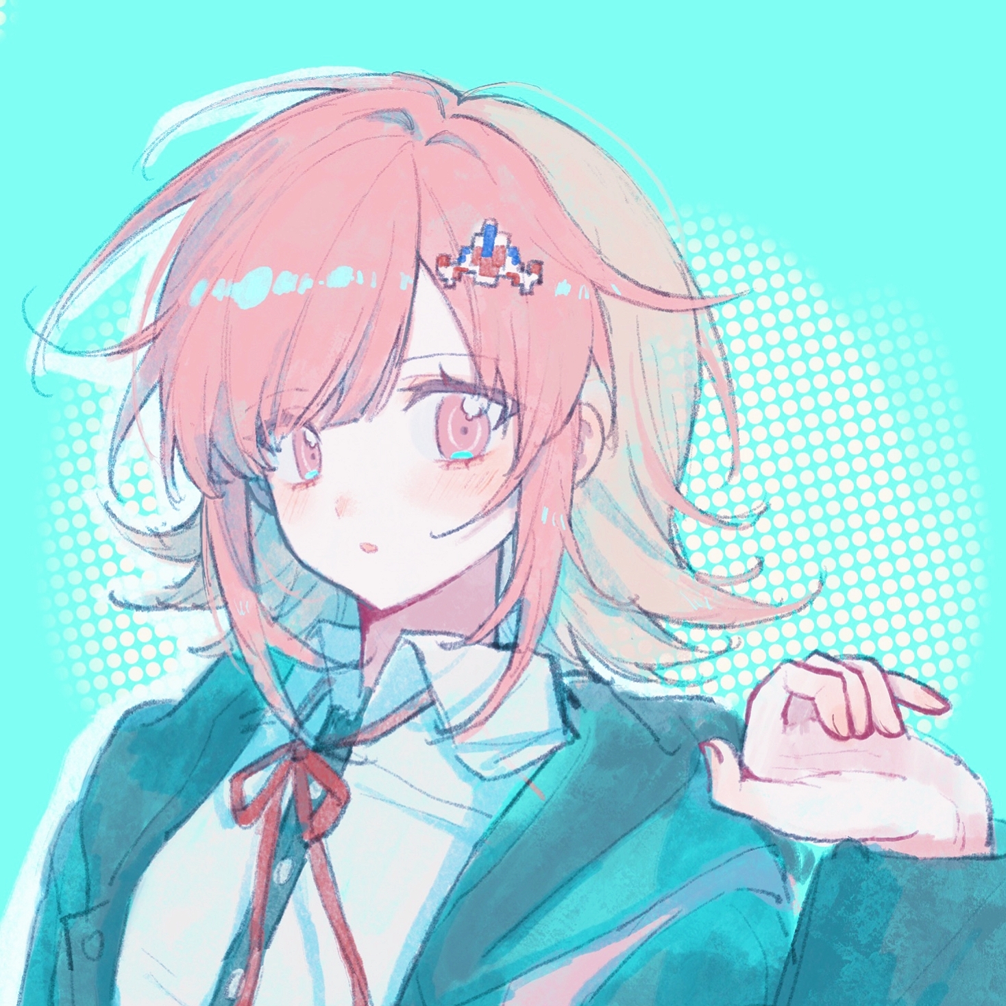 nanami chiaki, danganronpa (series), danganronpa 2: goodbye despair, highres, 1girl, :o, blue jacket, dress shirt, eyelashes, hair ornament, hood, hood down, jacket, light blush, lixiao62108, medium hair, pink eyes, pink hair, red ribbon, ribbon, shirt, white shirt