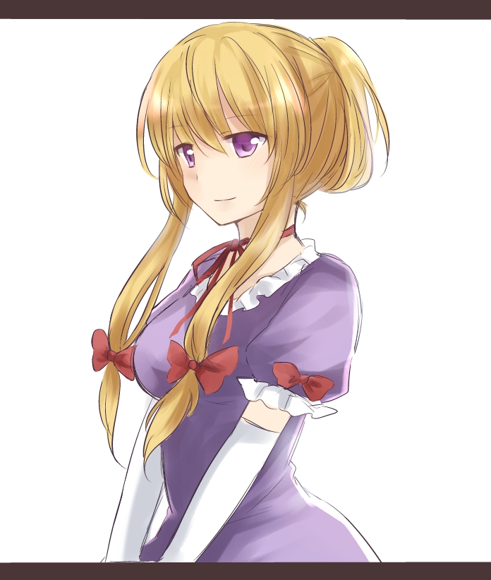 koto (shiberia39), yakumo yukari, touhou, 1girl, blonde hair, bow, bowtie, breasts, closed mouth, dress, frills, hair bun, long dress, long hair, looking at viewer, neck ribbon, no headwear, puffy short sleeves, puffy sleeves, purple dress, purple eyes, red bow, red bowtie, red ribbon, ribbon, short sleeves, simple background, solo, twintails, white background
