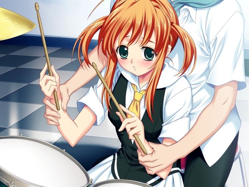dodai shouji, shindou sakura, chanter ~kimi no uta wa todoi tara~, game cg, source request, 1girl, blush, drum, drum set, green eyes, instrument, orange hair, solo focus, teaching, twintails