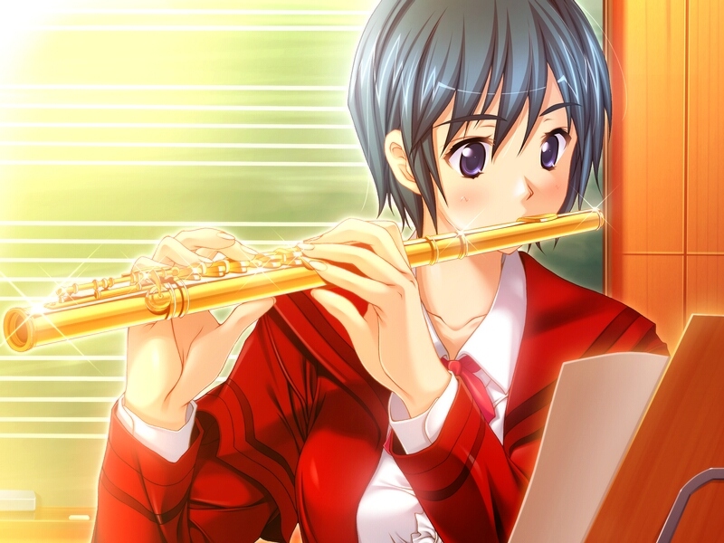 sakuragi yuzuka, inmu gakuen, game cg, 10s, 1girl, blue hair, female focus, flute, instrument, purple eyes, school uniform, serafuku, short hair, solo