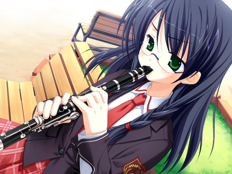 kobuichi, imamiya noriko, bra-ban!, game cg, 1girl, bench, black hair, braid, clarinet, female focus, glasses, green eyes, instrument, long hair, outdoors, park bench, purple hair, school uniform, serafuku, sitting, solo