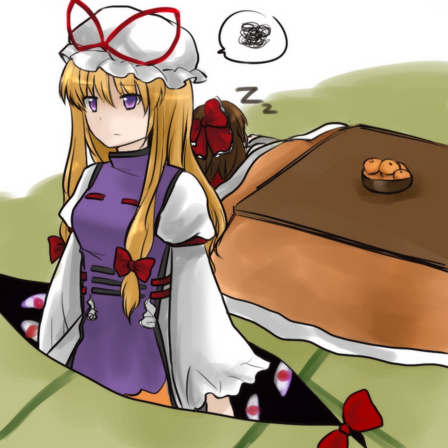 koto (shiberia39), hakurei reimu, yakumo yukari, touhou, 2girls, annoyed, arm garter, blonde hair, bow, bowtie, breasts, brown hair, dress, frills, gap (touhou), hair bow, hat, hat ribbon, indoors, kotatsu, long dress, long hair, long sleeves, lying, mob cap, multiple girls, on side, puffy long sleeves, puffy sleeves, purple eyes, purple tabard, red bow, red bowtie, red ribbon, ribbon, sleeping, squiggle, standing, tabard, table, twintails, white dress, white hat