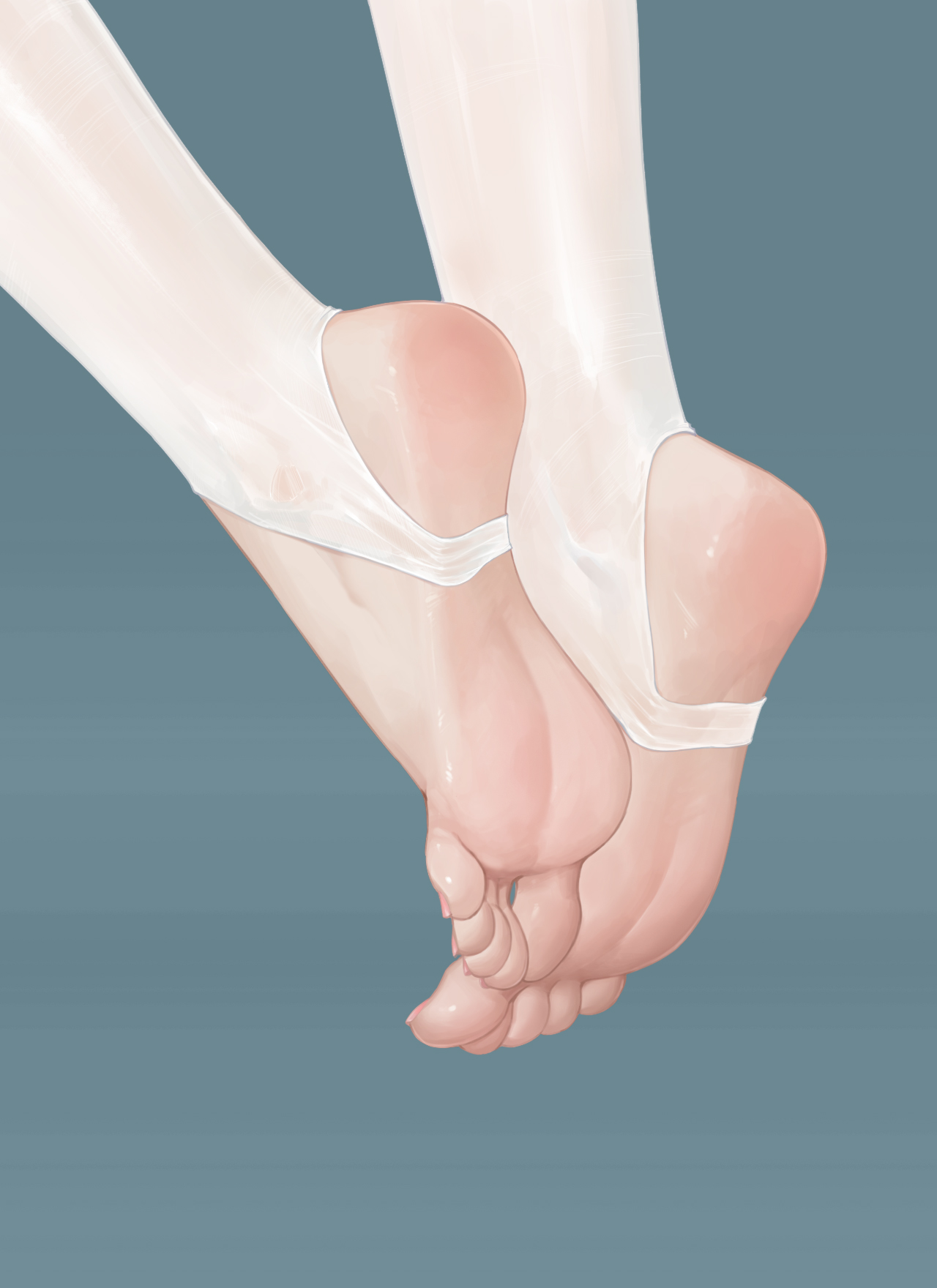 liang mu, highres, 1girl, barefoot, blue background, close-up, feet, foot focus, greek toe, no shoes, out of frame, simple background, soles, solo, stirrup legwear, toe scrunch, toeless legwear, toenails, toes