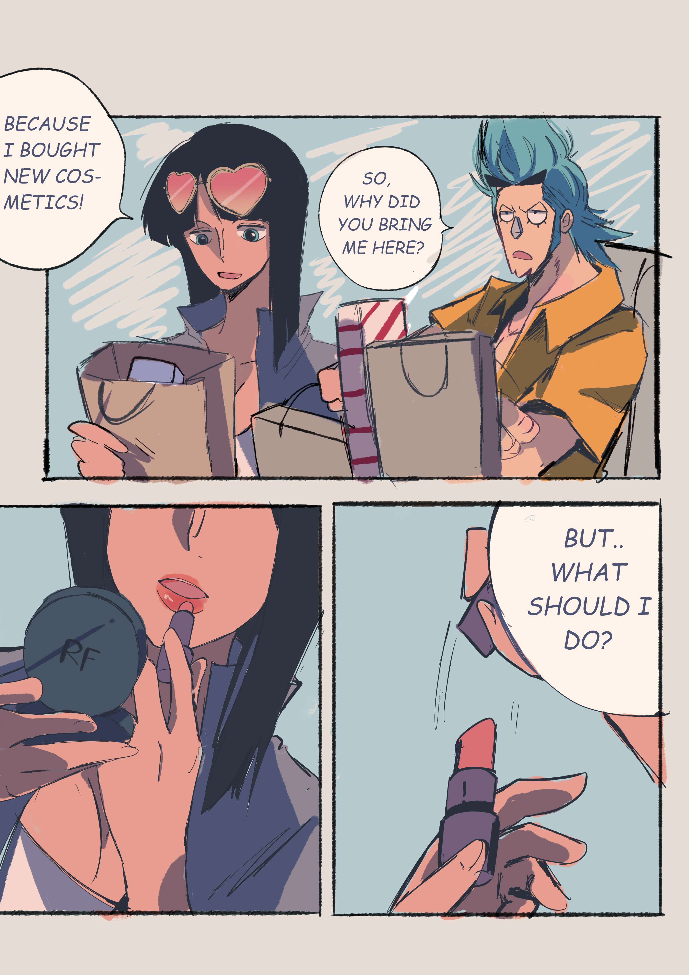 gmoirl24, franky (one piece), nico robin, one piece, absurdres, highres, 1boy, 1girl, black hair, blue hair, cyborg, eyewear on head, lipstick, makeup, robot, speech bubble, sunglasses