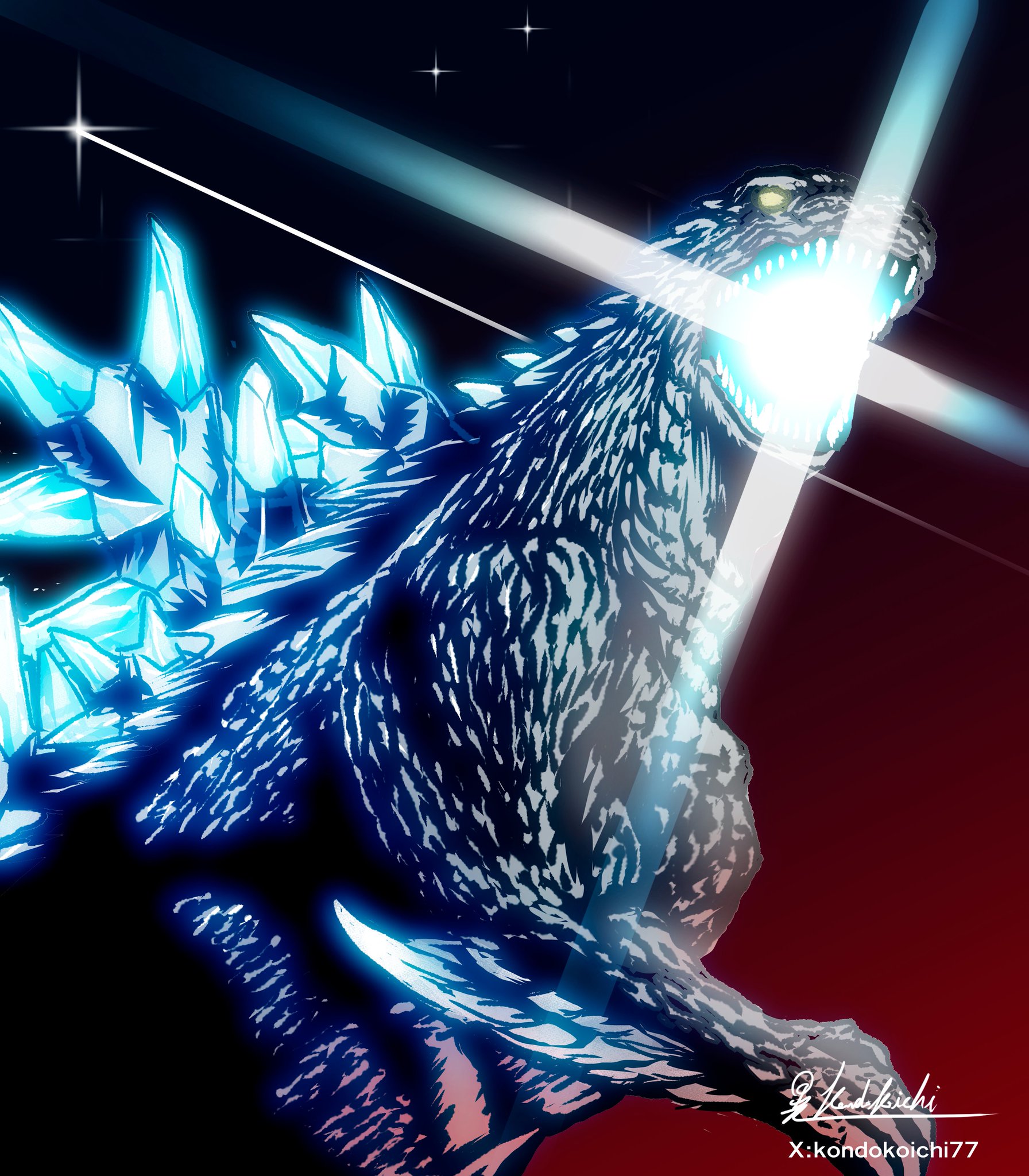 godzilla, godzilla (galaxy odyssey), godzilla (series), godzilla galaxy odyssey, highres, bioluminescence, claws, elbow spikes, giant, giant monster, glowing, glowing mouth, jaw, kaiju, koichi 77, monster, mouth beam, no humans, open mouth, orange eyes, sharp teeth, sky, spines, star (sky), teeth, tokusatsu