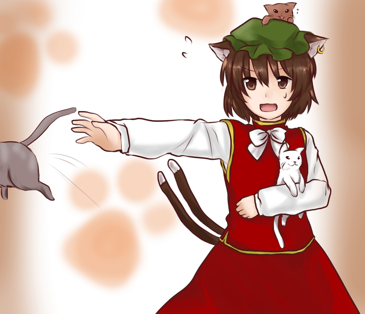 koto (shiberia39), chen, touhou, 1girl, animal, animal ears, animal on arm, animal on head, bow, bowtie, brown eyes, brown hair, cat, cat ears, cat on head, dress, ear piercing, green hat, hair between eyes, hat, holding, holding animal, holding cat, jumping, long sleeves, looking to the side, mob cap, multiple tails, on head, open mouth, paw print, paw print background, piercing, reaching, reaching towards another, red dress, shirt, short hair, simple background, solo, spoken sweatdrop, sweatdrop, tail, two tails, white bow, white bowtie, white shirt