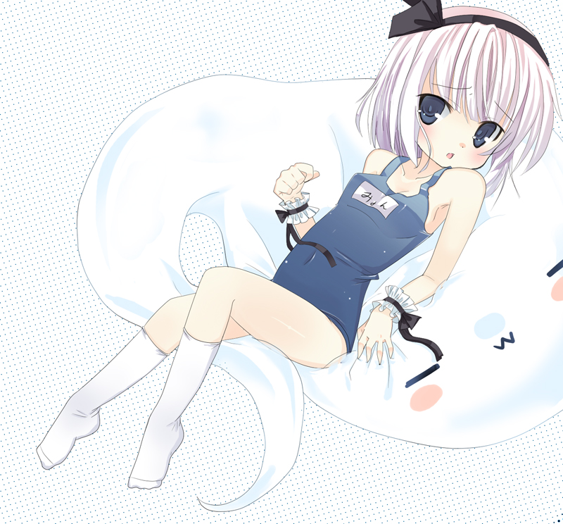omiso, omiso (omiso), konpaku youmu, konpaku youmu (ghost), touhou, silver hair, bad id, bad pixiv id, 1girl, :3, blue eyes, breasts, female focus, ghost, hitodama, loli, one-piece swimsuit, ribbon, school swimsuit, short hair, small breasts, solo, swimsuit, wrist cuffs