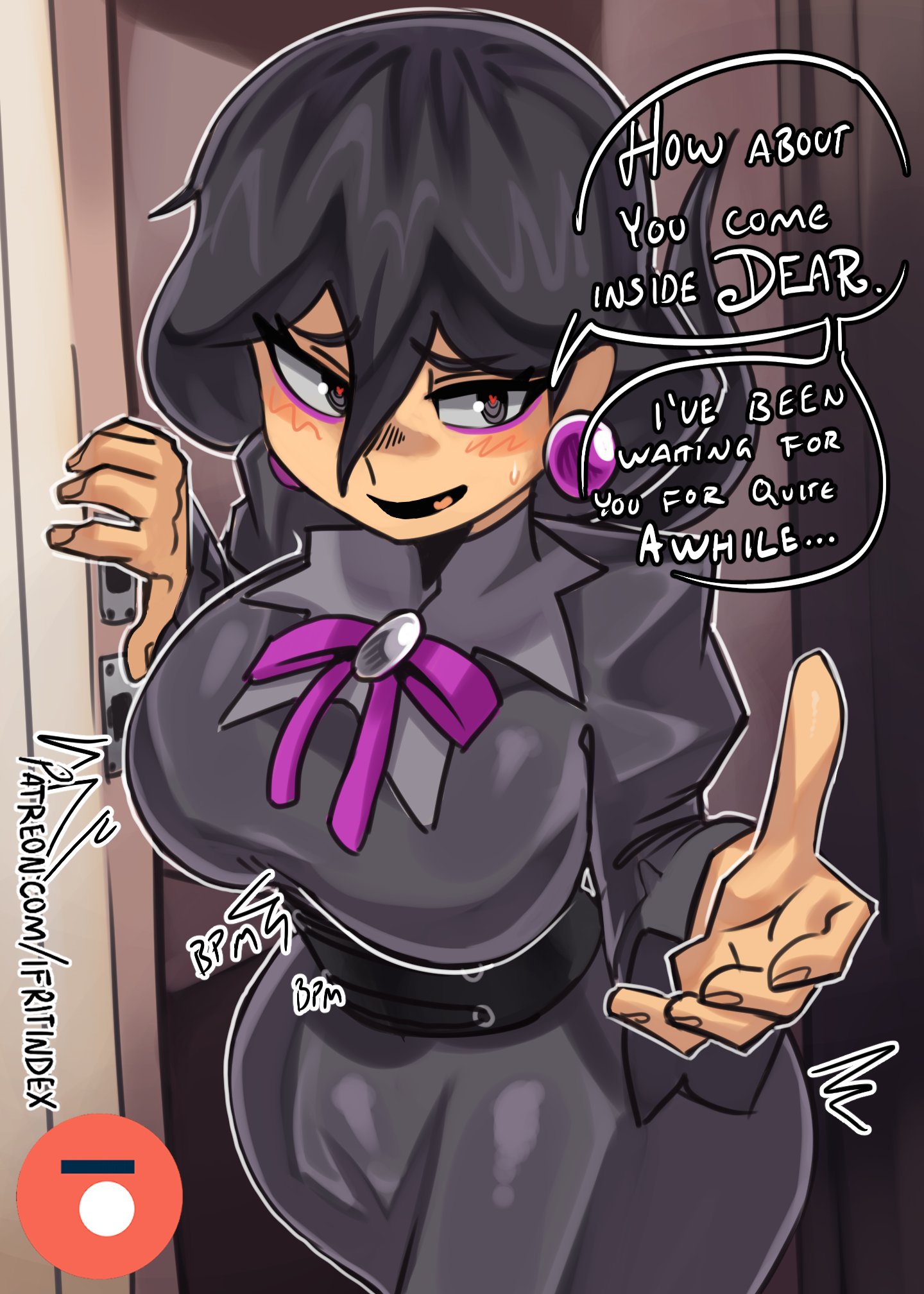moxydraws, hex maniac (pokemon legends: z-a), nintendo, pokemon, pokemon legends: z-a, commentary, english commentary, highres, 1girl, artist name, black corset, black dress, black hair, blush, breasts, corset, dress, earrings, english text, hair between eyes, heart, heart in eye, jewelry, large breasts, long hair, looking at viewer, patreon logo, patreon username, smile, solo, speech bubble, sweat, symbol in eye, watermark, web address